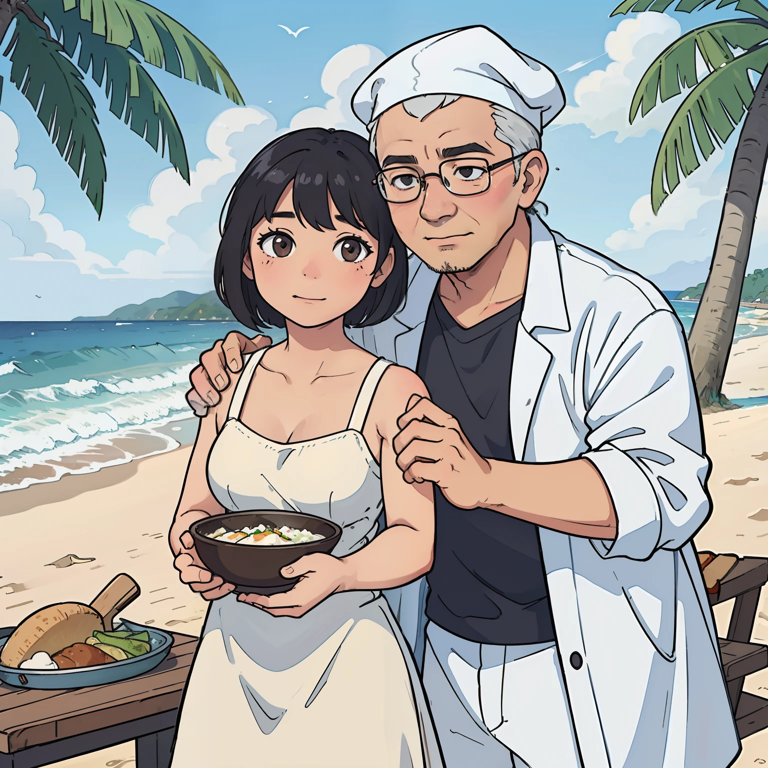 An asian filipino cheff iving a hug in her old father, her father uses glasses on the beach.
Medium: Realistic painting, vibrant colors, detailed brushwork
Scene: A serene beach with soft golden sand, palm trees swaying gently in the breeze
People: Emotional connection, love, family bond, multi-generational relationship
Description:
- The chef has short black hair and warm brown eyes, wearing a white chef hat and a chef coat with the name embroidered on it.
- She has a kind and gentle smile, showing love and care towards her father.
- Her father is an elderly man with silver hair and glasses, wearing a comfortable beach attire.
- The chef is hugging her father tightly, expressing deep affection and gratitude.
- The beach is bathed in warm sunlight, with clear blue sky and gentle waves rolling onto the shore.
- The sand is finely textured, with small seashells scattered around.
- The chef's face shows a mixture of happiness, love, and nostalgia.
- There is a picnic set up nearby, with a blanket, delicious homemade food, and refreshing beverages.
- The atmosphere is peaceful and serene, creating a sense of relaxation and tranquility.
- The colors are vibrant, with a focus on warm tones to enhance the feeling of a joyful family moment.
- The lighting is soft and diffused, casting a warm glow on the scene.
- The painting style captures the intricate details of the chef's facial expression and the texture of their clothes, giving the artwork depth and realism.
- Although it is a casual beach setting, every element is captured with a high level of detail and craftsmanship, showcasing the mastery of the artist.
- The overall composition is balanced and visually pleasing, with the focal point on the emotional connection between the chef and her father.
- The artwork is in high resolution, allowing viewers to appreciate the delicate brushwork and the finer nuances of the scene.
(best quality, 4k, highres:1.2), ultra-detailed, (realistic, photorealistic:1.37)
Portrait, fam