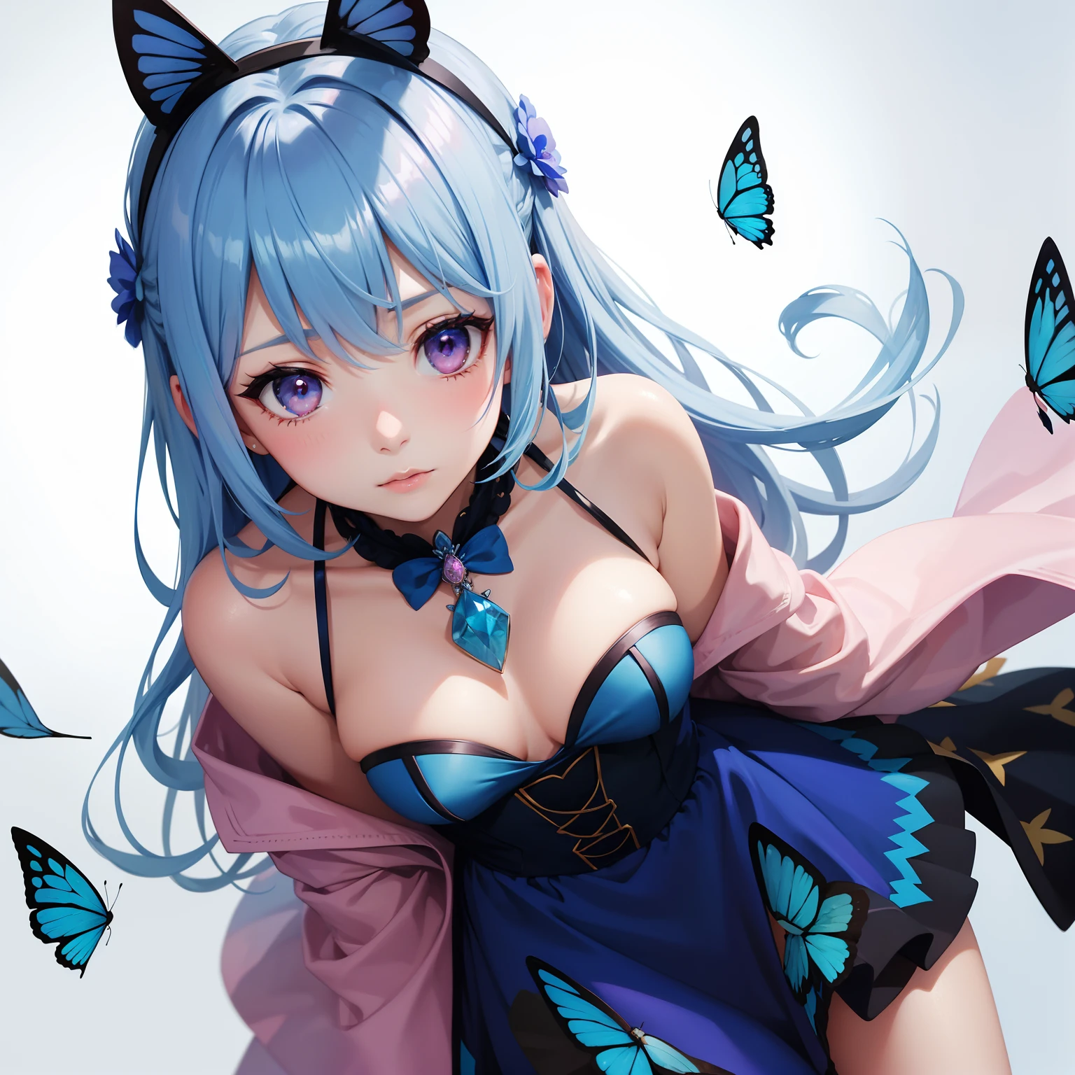 a women, blue butterfly, blue hair, pink eyes, pink dress