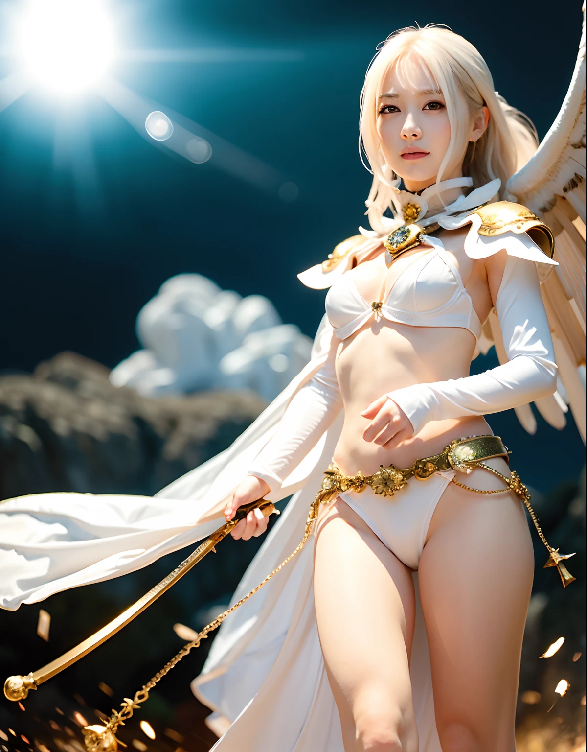 Professional , ​masterpiece、top-quality、photos realistic , depth of fields 、（Fight fiercely with dragons）、A smile、（White bikini armor)、（Particles of light）、Jewel Gold Weapon、Particles of light),Gorgeous gold weapons ,（（ Gorgeous Dragon Sword）） , （White angel wings grow）,（maikurobikini） 、（（White hair））、（Castle background）、（（Gangle's forest background））、Beautiful Caucasian beauty、１a person、dynamic ungle,(((A small ring of light floating overhead)))、Smaller head、Idle Smile、Thin and beautiful female hands、Mystical expression、Light Effects、intense fighting、Wind-effect、magic circles、（White angel wings grow）、