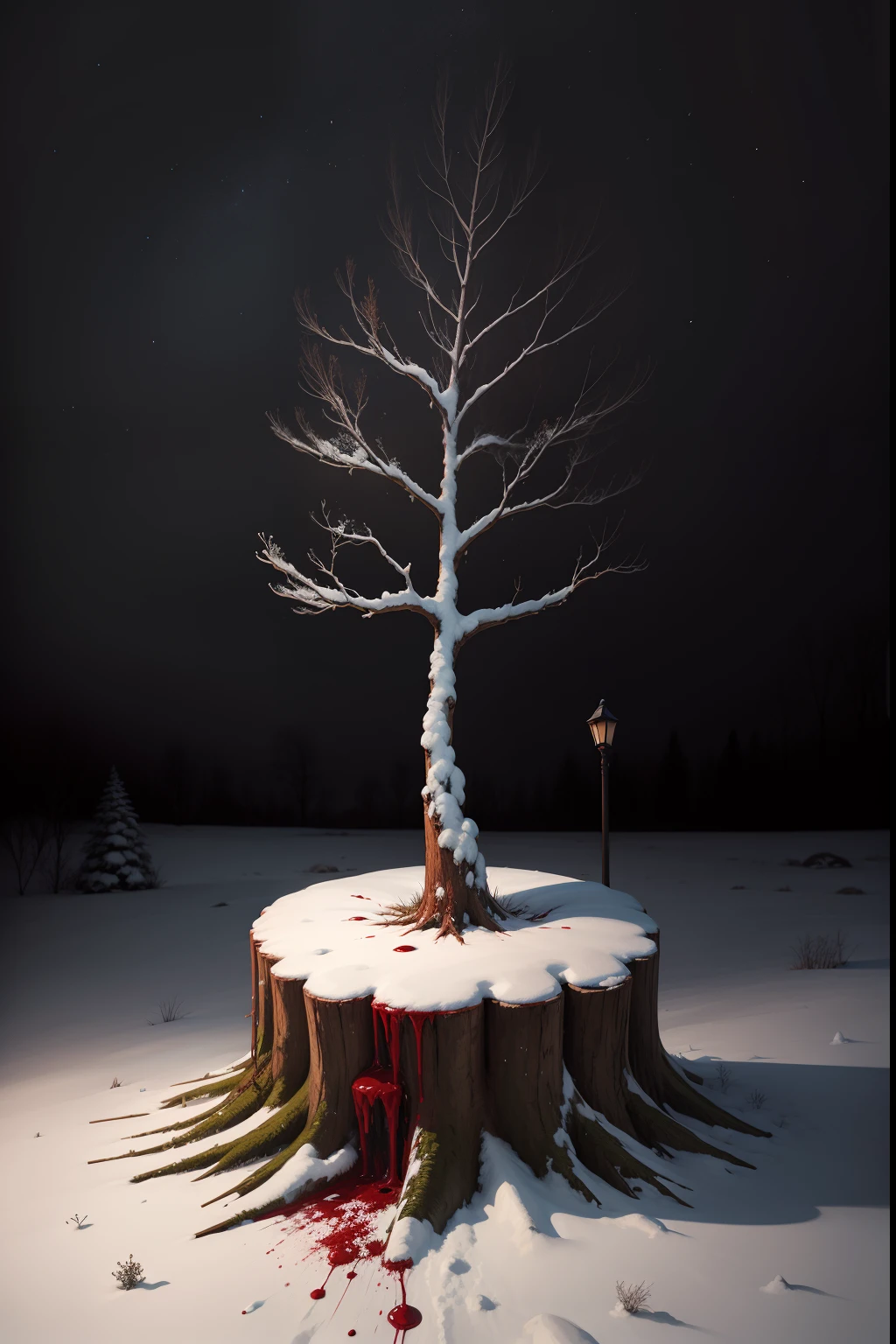 A painting of a tree stump with blood dripping off, snow on ground, winter, eerie night time light, dark sky.