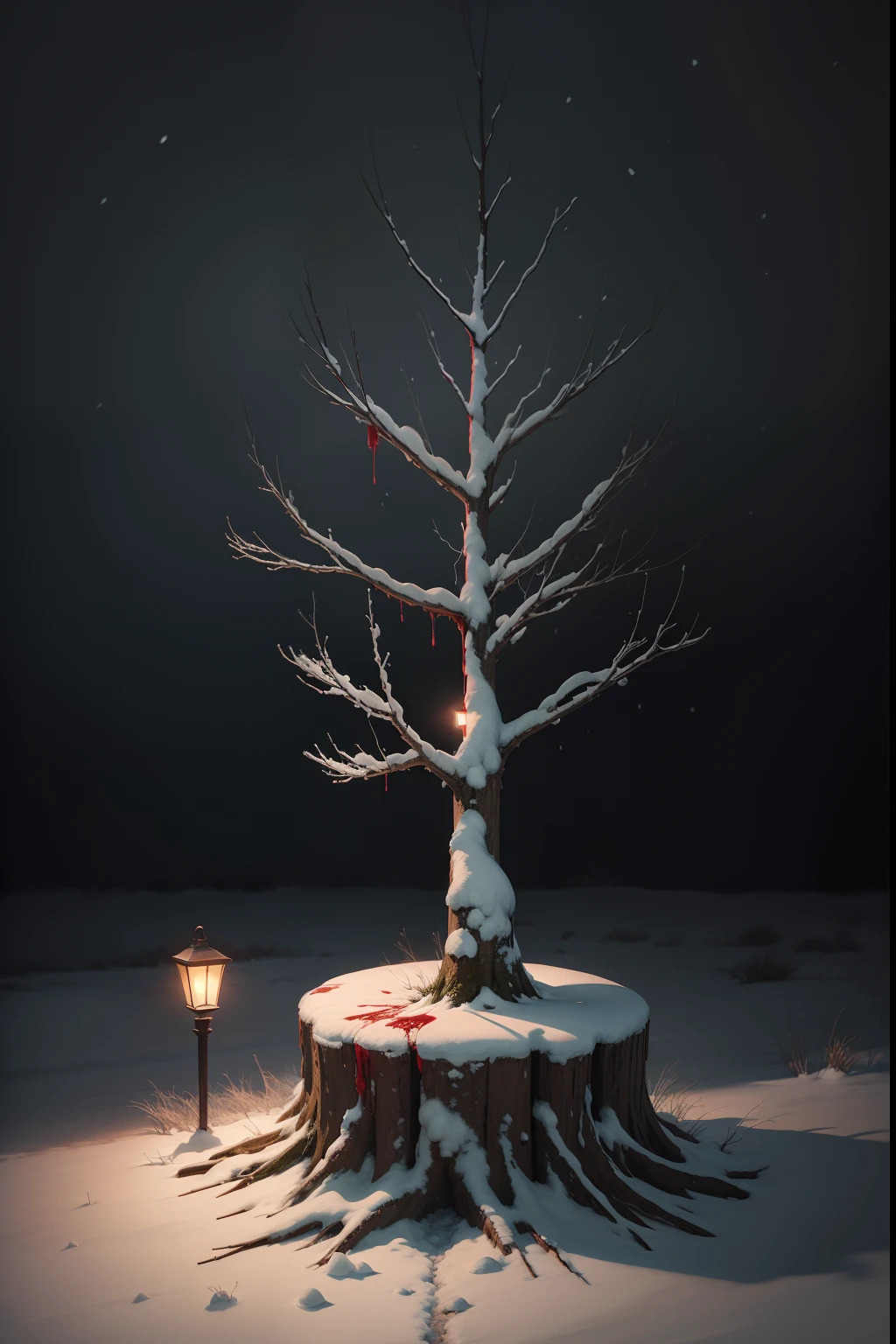 A painting of a tree stump with blood dripping off, snow on ground, winter, eerie night time light, dark sky.