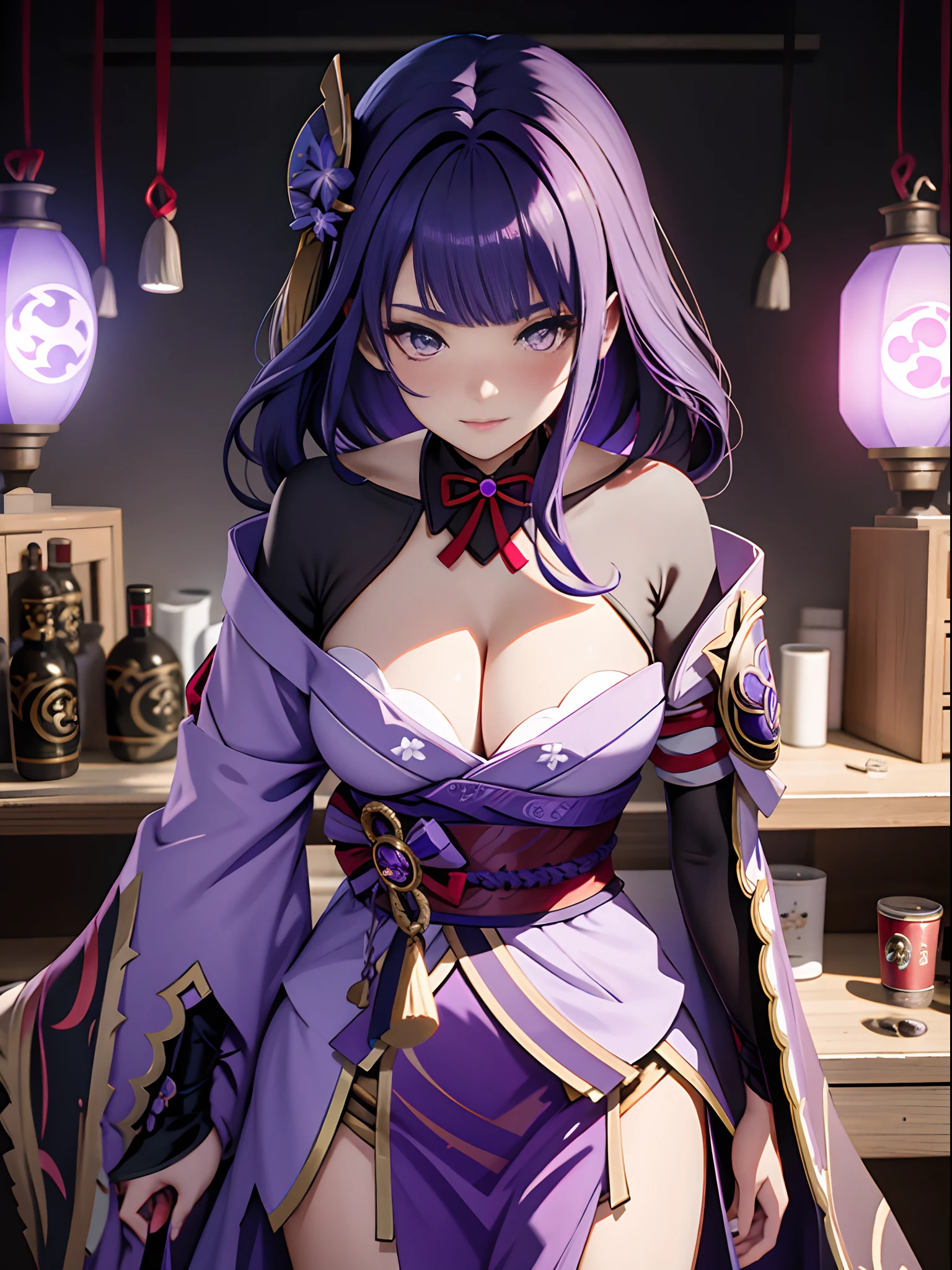 Anime girl holding sword with sword and purple dress, Ayaka Genshin impact, ayaka game genshin impact, zhongli from genshin impact, Keqing from Genshin Impact, hyuga hyuga, shalltear from overlord, black-haired mage, high detailed official artwork, Fire emblem, onmyoji portrait, ((a beautiful fantasy empress))，Extra-large big breasts，blush，Korean beauty，Korean goddess，