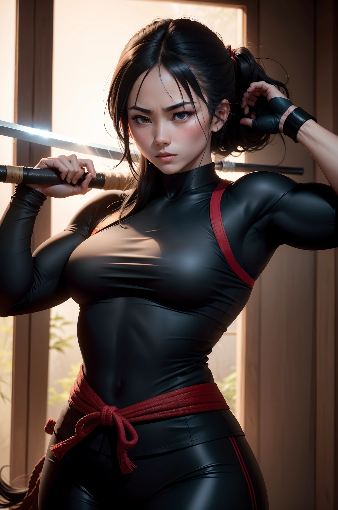 (8K,Photorealsitic　Raw photography　top-quality;1.4) 　(1girl in)　Super beautiful woman wielding a sword　(Lifelike face)　Muscular and macho female body　(A dark-haired)　Kendo Doshi　enticing　Beautiful expression　Beautiful woman wielding a bamboo sword in the dojo　Beautiful sweat splashes　Black pants　超A high resolution　A hyper-realistic　real looking skin　high detal　Inside the Kenjutsu Dojo