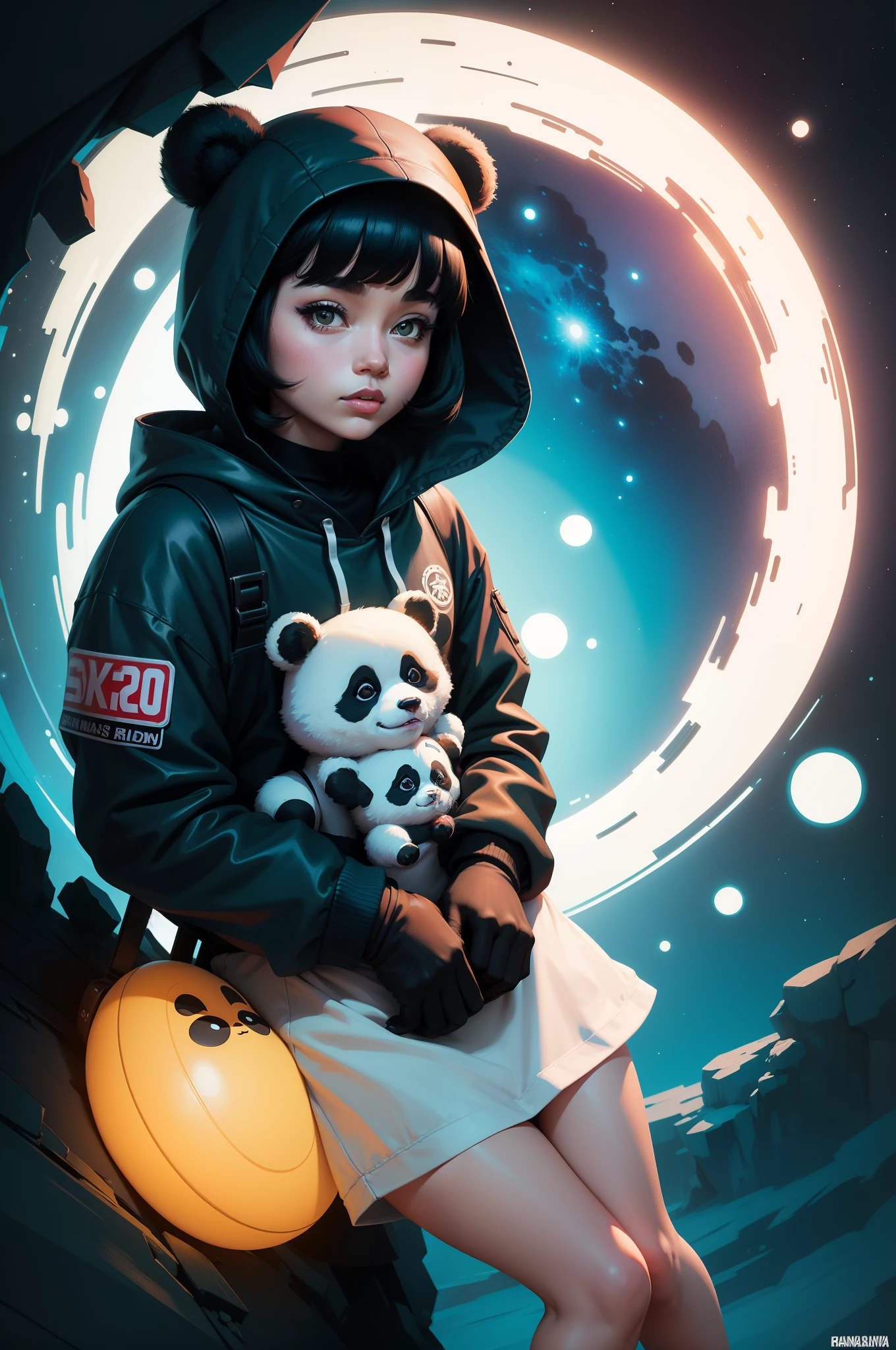 60s cartoon style photo of a Panda bear wearing underground clothes  in far off galaxy, style of Hannah Barbara, studio ghibli, akira toriyama, james gilleard, warner brothers, trending pixiv fanbox, acrylic palette knife, 8k, vibrant colors, devinart, trending on artstation, low details, smooth