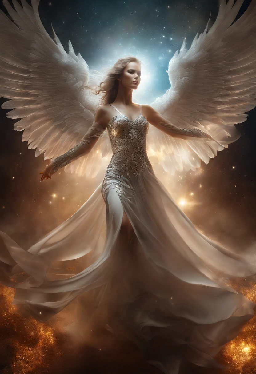 cosmic fallen angel, olhos claros brilhantes, Biomechanicals, estranho, assustador, Pesadelo, cores muito brilhantes, light particles, com luz brilhante, Mshiff, Arte do papel de parede, Papel de parede UHD