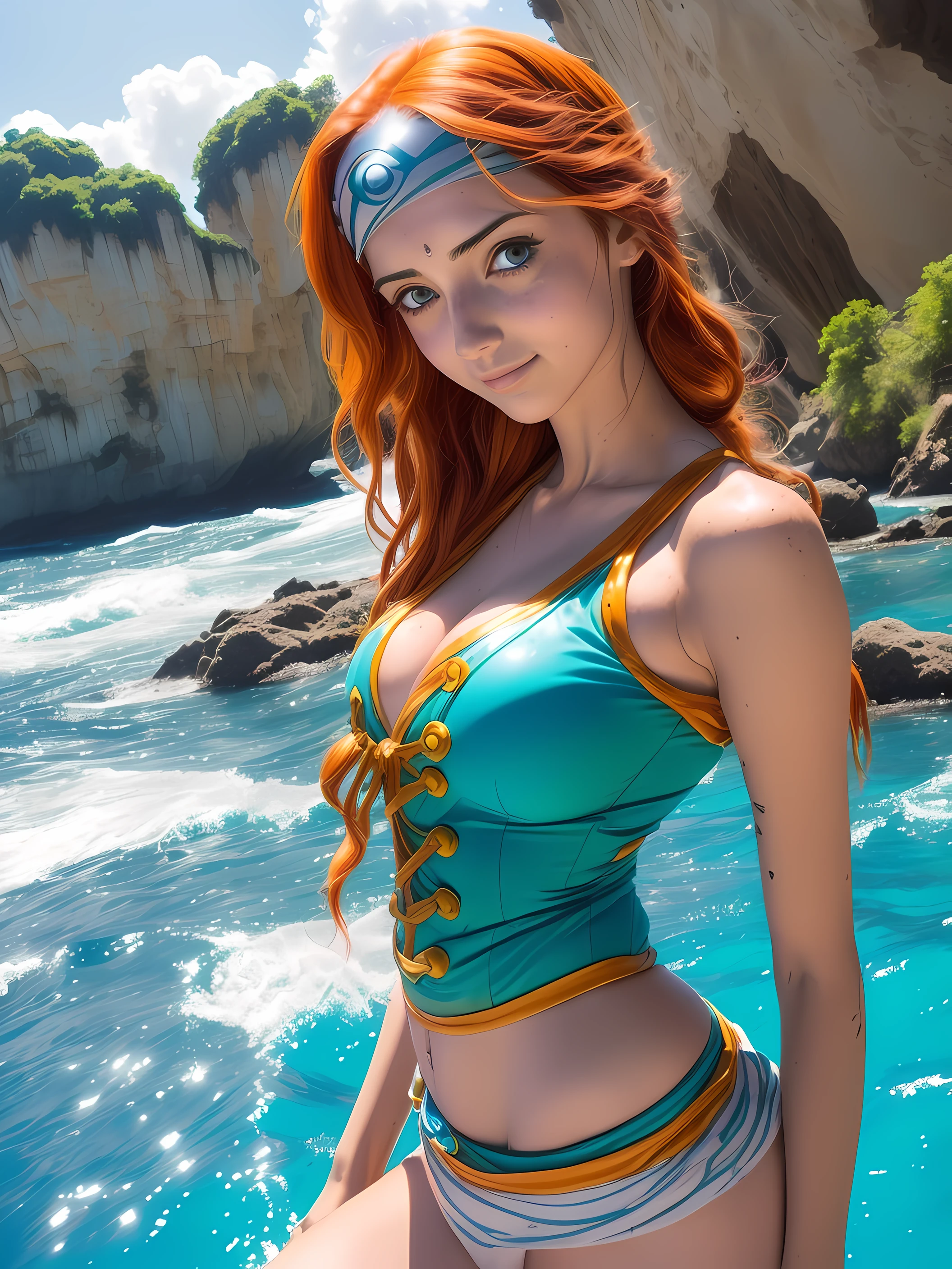Uma mulher jovem linda atraente inspirada em Emily Rudd, como Emily Rudd, (((with random costume))), ((inspirado em Nami, inspirado no desenho "one piece" Como Nami:1.2)), (((Autorretrato do rosto realista))), (((em um castelo)))