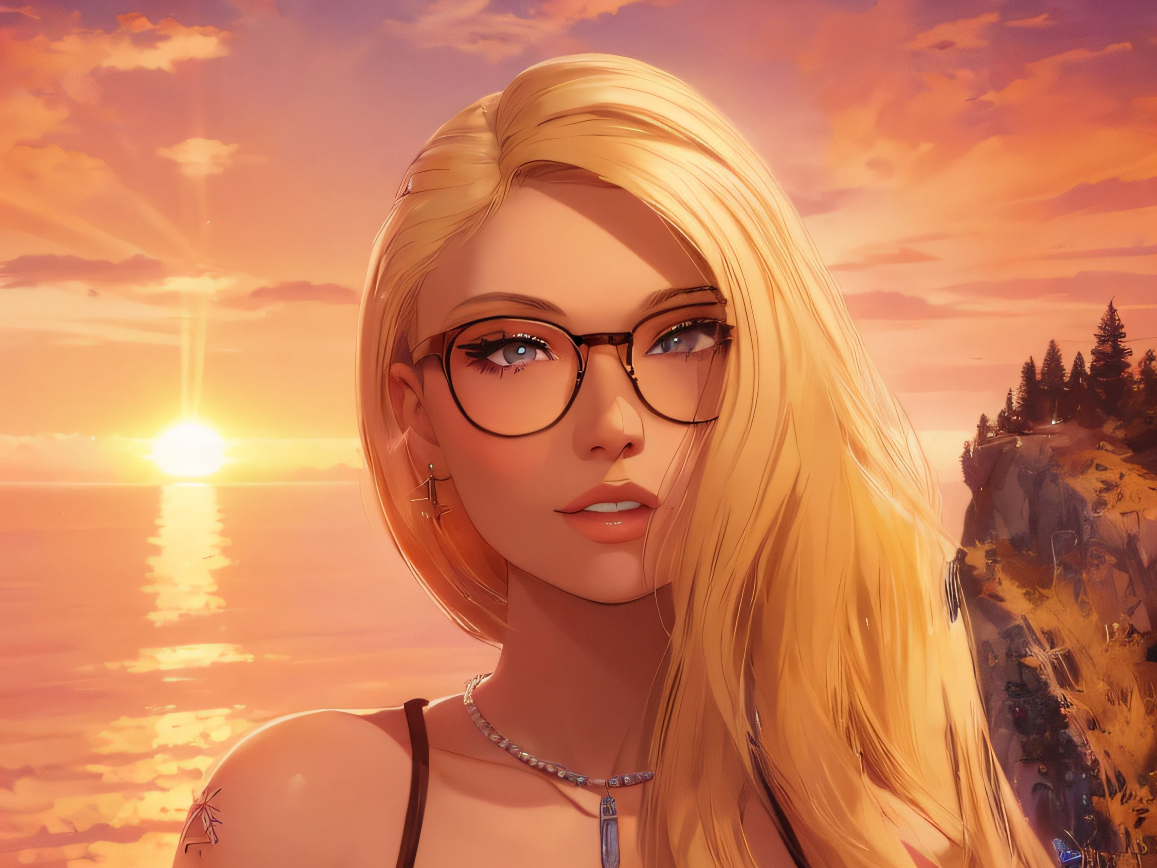 blond woman with glasses and a necklace standing on a cliff, second life avatar, !!wearing modern glasses!!, stylized portrait h 640, sunset glow around head, !!wearing glasses!!, stylized portrait h 1280, ((sunset)), glamor profile pose, imvu, sunset glow, inspired by Dulah Marie Evans