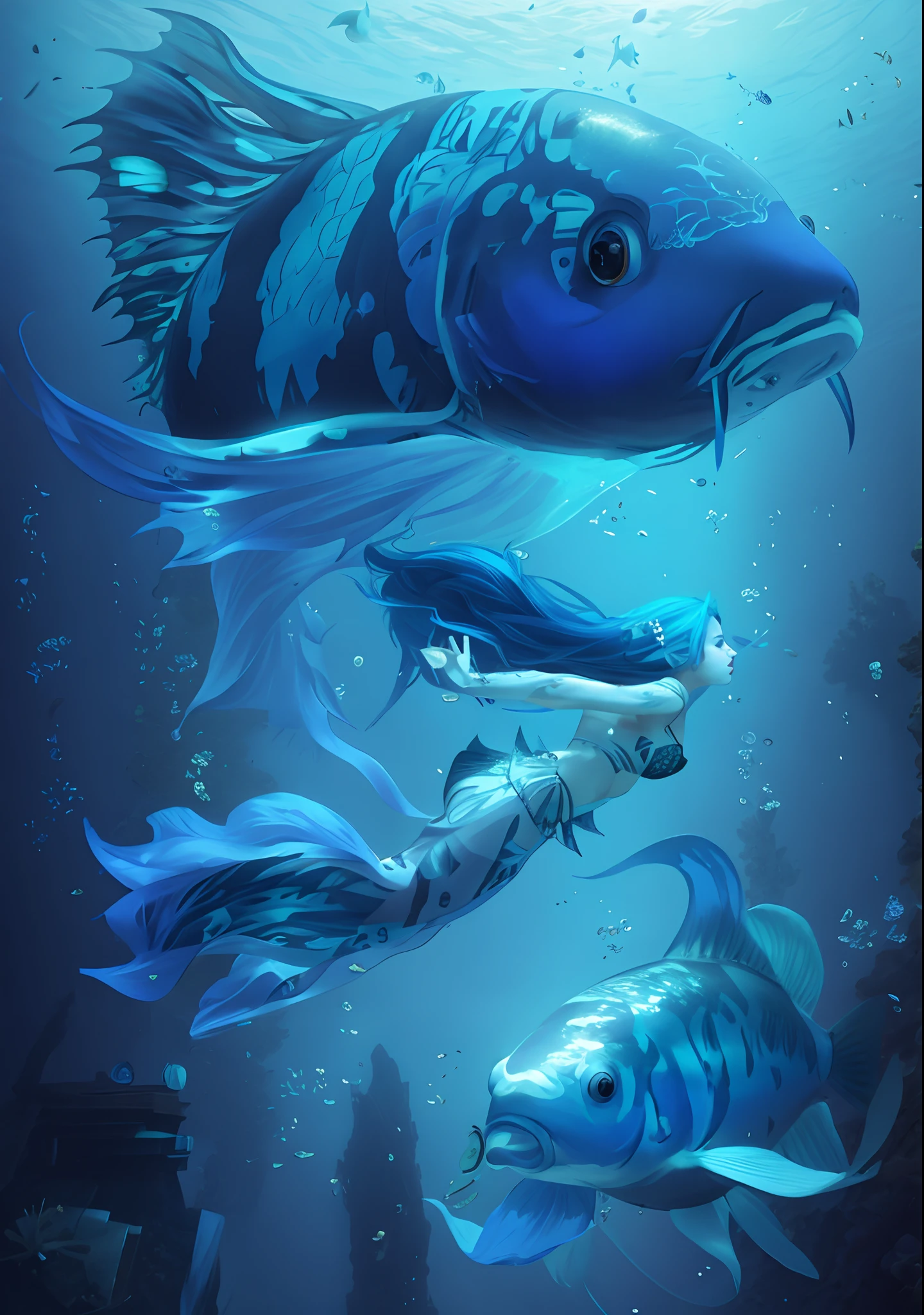 1girl, blue hair, bottom of the ocean, full body, surrounded with fishes