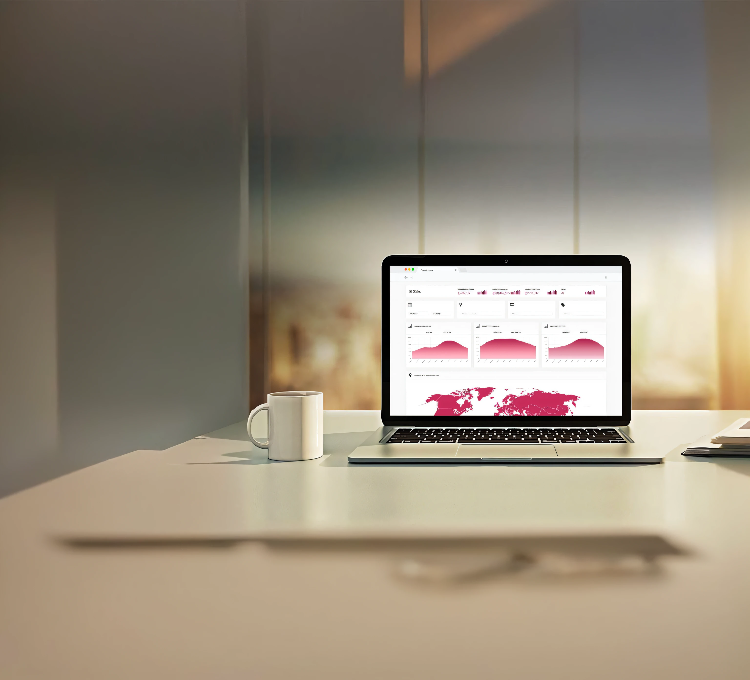 laptop sitting at a table with a cup of coffee, Captura de tela ampla, imagem detalhada, eye - level view, cena detalhada, accurately portrayed, Painel do Power BI, dispositivo completo, olhar fixo, Directed by: Kurt Roesch, captura de tela detalhada, mid view, eye level view, Foto completa do produto, description, parece realista, olhando parcialmente para a esquerda, data visualization