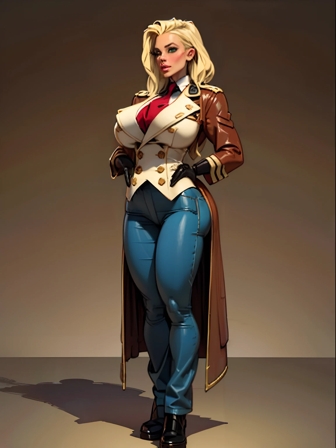 Lonely young adult girl, Tall stature, little chest, closed mouth, Slavic appearance: Green eyes; blond hair; sharp facial features; dimple on the chin; Straight nose; high nose; pronounced high cheekbones; high forehead, stands upright, (gigantic breasts:1.4), detailed face, military uniform: double-breasted overcoat; pants, Full-length painting, leather gloves