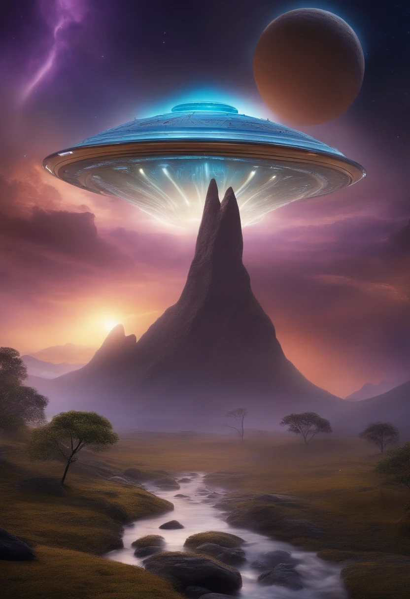 (best quality,4k,8k,highres,masterpiece:1.2),ultra-detailed,(realistic,photorealistic,photo-realistic:1.37),Flying Saucer landing on an alien planet,aliens observing from a distance,extraterrestrial landscape with unique rock formations,mysterious glowing plants and flowers,glistening crystal-like waterfalls,cascading streams of holographic colors,purple sky with swirling clouds,three moons in the background illuminating the scene,hovering saucer emitting a soft blue light,alien beings emerging from the spaceship,curious and friendly alien creatures exploring the surroundings,creatures with vibrant colors and intricate patterns,advanced technology integrated into the alien environment,seamless integration of organic and mechanical elements,subtle glow emanating from the alien creatures and surroundings,sensory overload with sights, sounds, and aromas,peaceful atmosphere with a sense of otherworldly tranquility,unexplored landscapes with endless possibilities,interactions between humans and aliens in a harmonious and curious manner,marveling at the wonders of the alien planet and its inhabitants,colossal structures rising in the distance,indicating an advanced and ancient civilization,marvelous architecture blending harmoniously with the surrounding nature,dramatic lighting casting intriguing shadows and highlights,transcendental beauty that awakens the imagination.