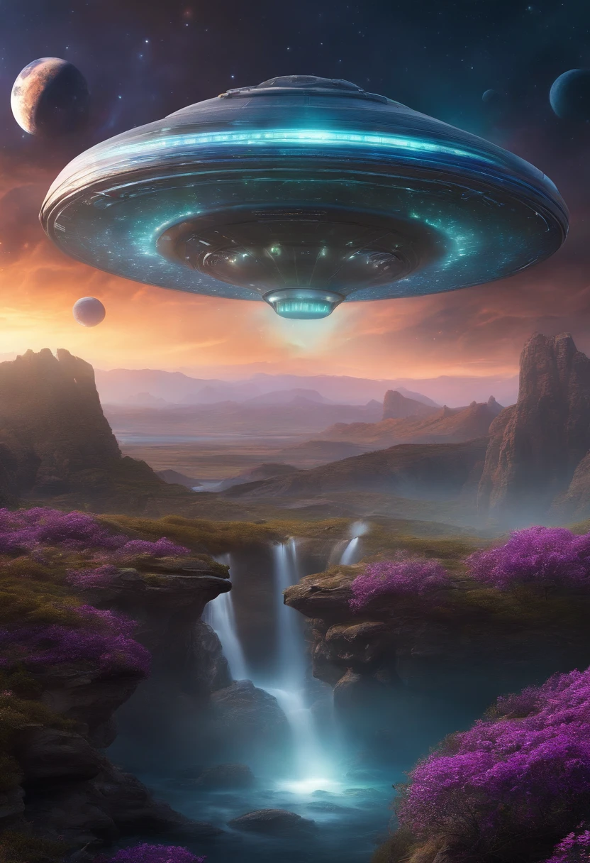 (best quality,4k,8k,highres,masterpiece:1.2),ultra-detailed,(realistic,photorealistic,photo-realistic:1.37),Flying Saucer landing on an alien planet,aliens observing from a distance,extraterrestrial landscape with unique rock formations,mysterious glowing plants and flowers,glistening crystal-like waterfalls,cascading streams of holographic colors,purple sky with swirling clouds,three moons in the background illuminating the scene,hovering saucer emitting a soft blue light,alien beings emerging from the spaceship,curious and friendly alien creatures exploring the surroundings,creatures with vibrant colors and intricate patterns,advanced technology integrated into the alien environment,seamless integration of organic and mechanical elements,subtle glow emanating from the alien creatures and surroundings,sensory overload with sights, sounds, and aromas,peaceful atmosphere with a sense of otherworldly tranquility,unexplored landscapes with endless possibilities,interactions between humans and aliens in a harmonious and curious manner,marveling at the wonders of the alien planet and its inhabitants,colossal structures rising in the distance,indicating an advanced and ancient civilization,marvelous architecture blending harmoniously with the surrounding nature,dramatic lighting casting intriguing shadows and highlights,transcendental beauty that awakens the imagination.