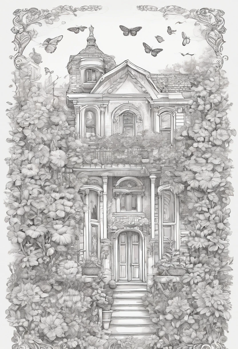 Un dibujo de una casa en un frasco con flores y mariposas, beautiful detailed illustration, very detailed illustration, Dibujo detallado del boceto, Dibujo muy detallado, Boceto detallado en blanco y negro, Detailed ink illustration, Detailed and intricate illustration, Highly detailed illustration, Dibujo detallado a tinta, lindas ilustraciones detalladas, Dibujo de detalles intrincados, Boceto intrincado detallado, Hermoso detalle, clean ink detailed line drawing, Dibujo detallado