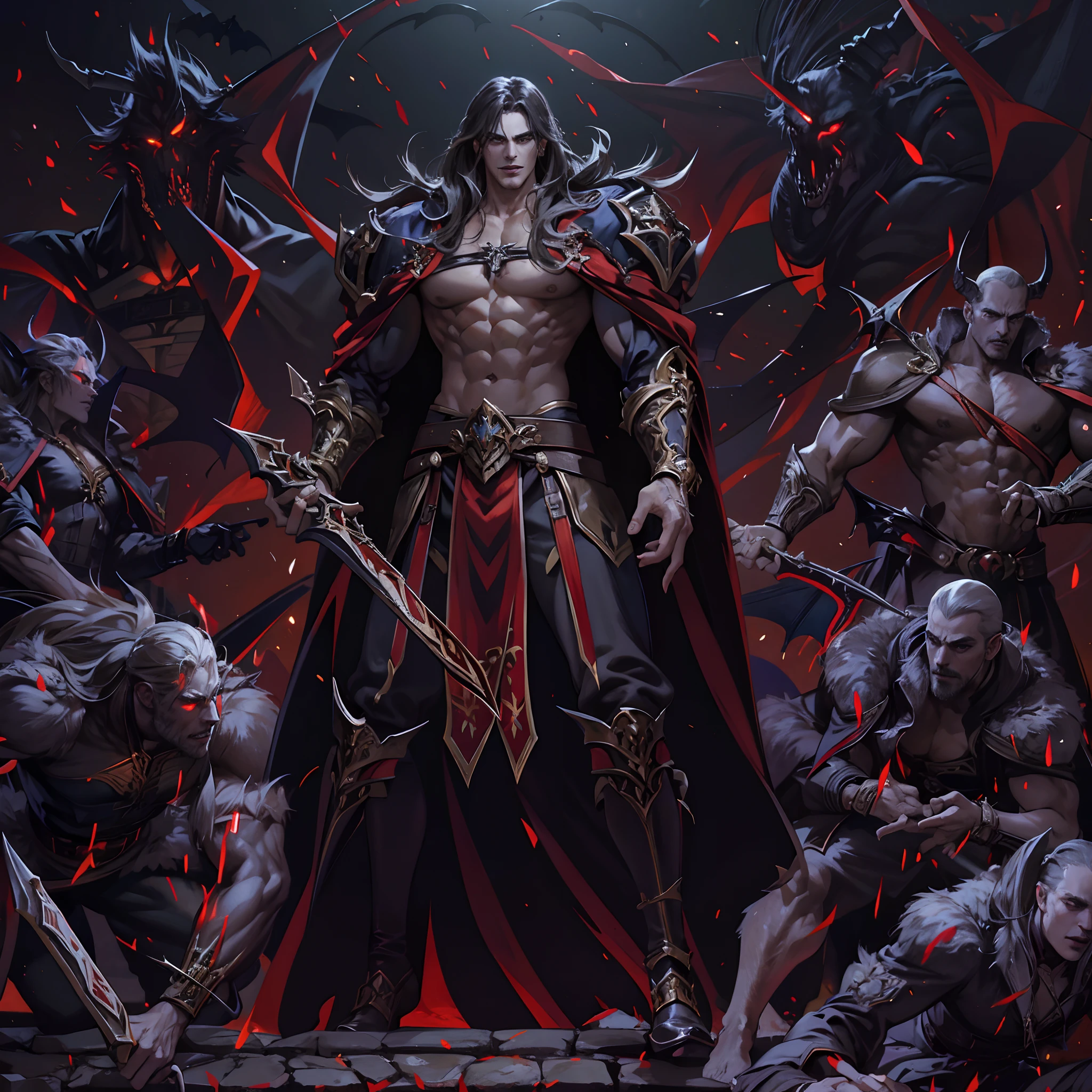 Castlevania Shadow Lord handsome muscular Lord Dracula leading troops armed with demons to war hyper realistic super detailed Dynamic pose super detailed faces hyper realistic super detailed