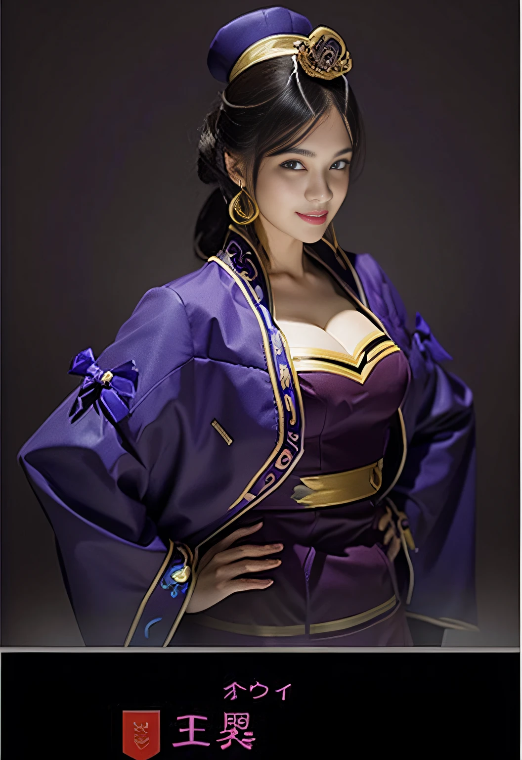 Close up portrait of smiling woman in purple dress and blue jacket