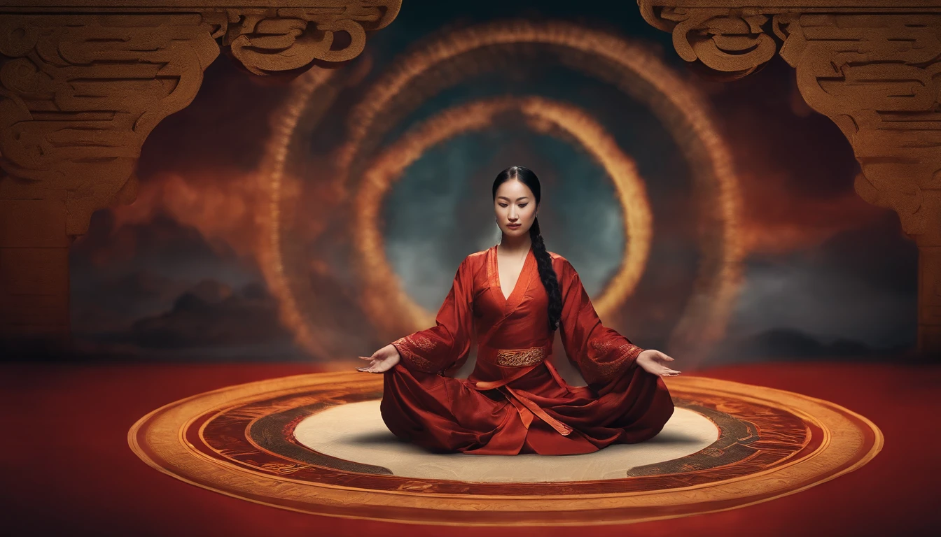 (harmony, balance, yin-yang), Chinese silk painting, Tai Chi principles, fluid motion, interconnected elements, the interplay of contrasting forces, Daoist philosophy, a touch of the I Ching, warm and cool color palette, reflective art, inspired by Laozi, Zhuangzi,  Yin Yang diagrams, Taijitu, the Bagua, the fusion of the spiritual and the physical,1girl,solo, grabbing breasts,, daoist, summon magic,  cinematic lighting,  fire and ice split, bagua background, circular bagua, yi yang, daoist practice, mediation sit, buddha sit,  spiral loong, cloud loong at the top,