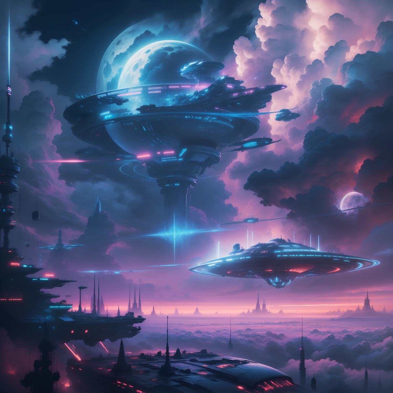 ((Need)), ((tmasterpiece)), (A detailed),Starships soar into the sky,Beautiful fluffy clouds wrap the starship,An alien technology starship sailing through the clouds,cyber punk perssonage,(sci-fi illustrations:1.3), Mysterious Sky,Endless starry sky, ultra-detailliert,extremely detailed and beautiful, Surrealist art fantasy style,Epic futuristic digital fantasy art style,Moon Night, pastelcolor, (Detailed cloud view:1.3),