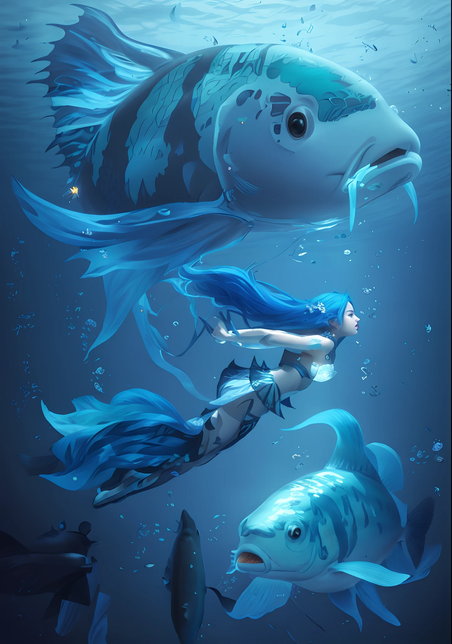 1girl, blue hair, bottom of the ocean, full body, surrounded with fishes