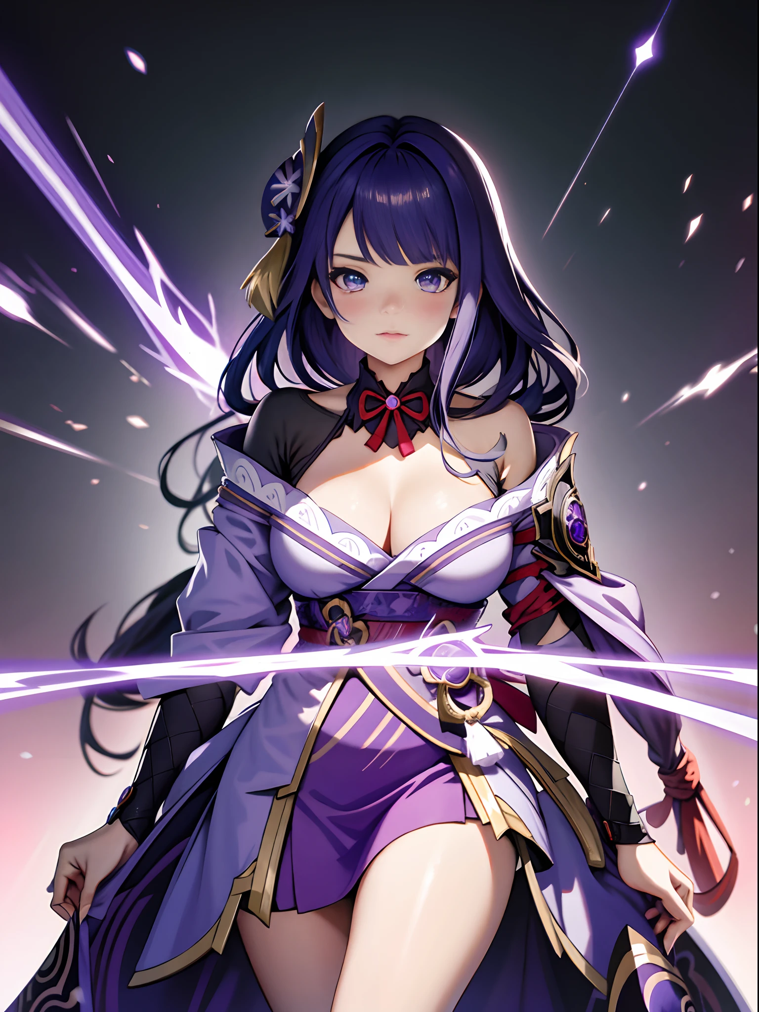 Anime girl holding sword with sword and purple dress, Ayaka Genshin impact, ayaka game genshin impact, zhongli from genshin impact, Keqing from Genshin Impact, hyuga hyuga, shalltear from overlord, black-haired mage, high detailed official artwork, Fire emblem, onmyoji portrait, ((a beautiful fantasy empress)),Extra-large big breasts,blush,Korean beauty,Korean goddess,