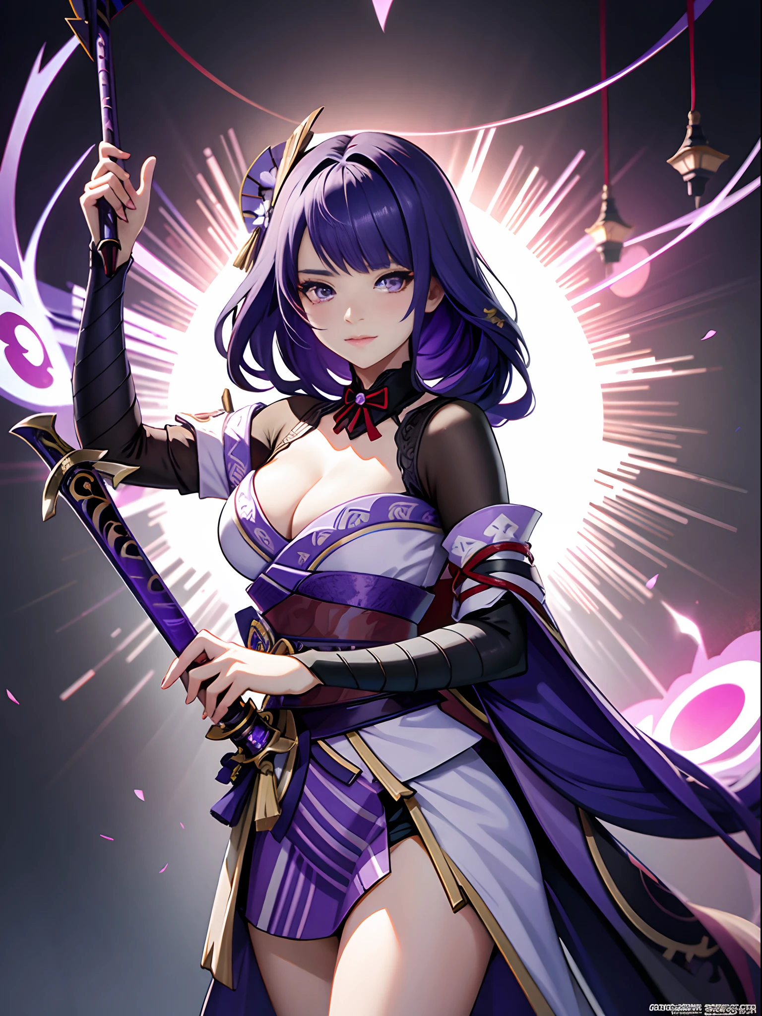 Anime girl holding sword with sword and purple dress, Ayaka Genshin impact, ayaka game genshin impact, zhongli from genshin impact, Keqing from Genshin Impact, hyuga hyuga, shalltear from overlord, black-haired mage, high detailed official artwork, Fire emblem, onmyoji portrait, ((a beautiful fantasy empress))，Extra-large big breasts，blush，Korean beauty，Korean goddess，