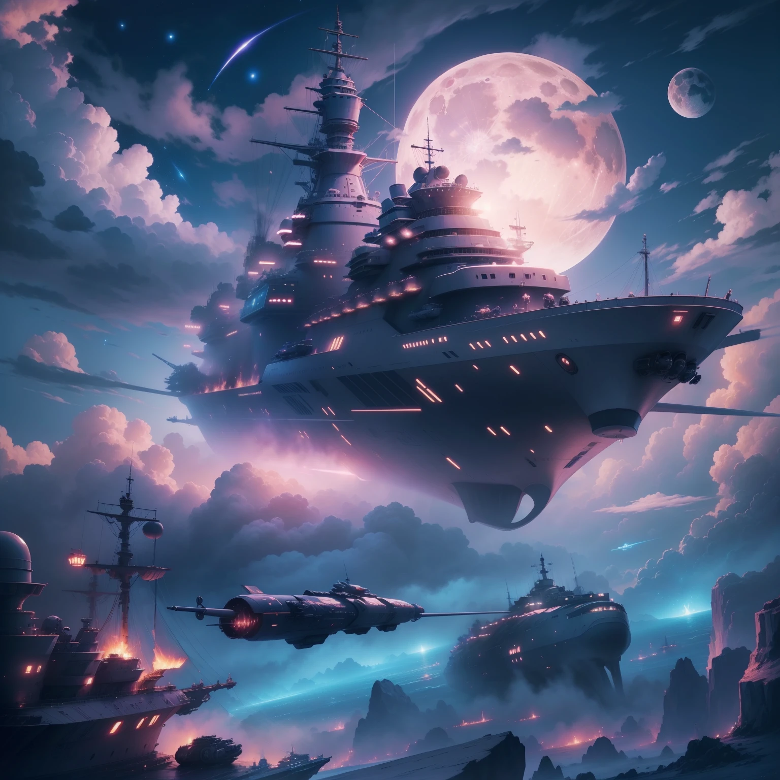 ((Need)), ((tmasterpiece)), (A detailed), Battleships soar into the sky，Beautiful fluffy clouds wrapped around the battleship，Alien technology warships sailing through the clouds，cyber punk perssonage，(sci-fi illustrations:1.3), Mysterious Sky,Endless starry sky， ultra-detailliert,extremely detailed and beautiful, Surrealist art fantasy style，Epic futuristic digital fantasy art style，Moon Night, pastelcolor, (Detailed cloud view:1.3),