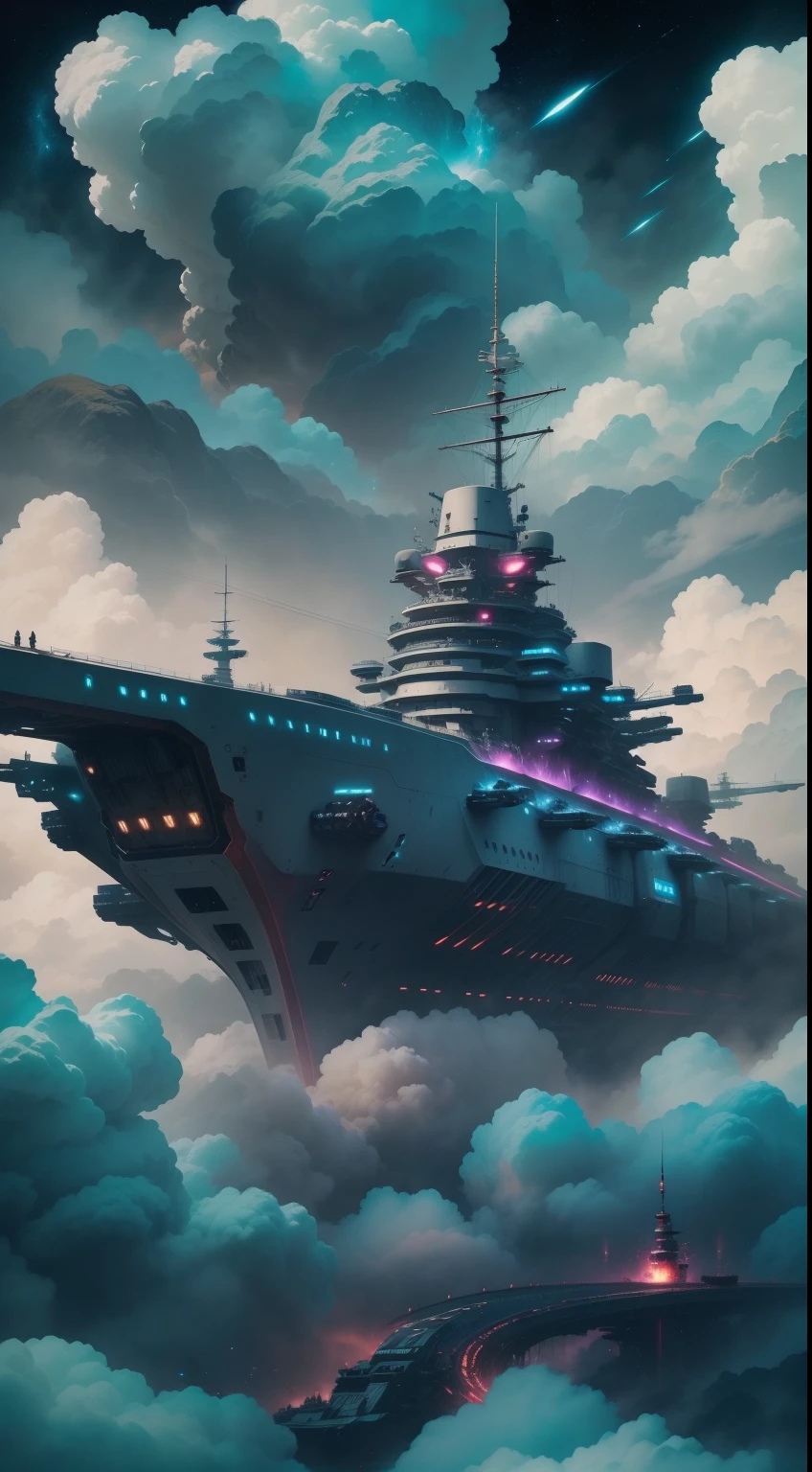 ((Need)), ((tmasterpiece)), (A detailed), The battleship rushed into the clouds，Beautiful fluffy clouds wrapped around the battleship，Alien technology warship，cyber punk perssonage，(sci-fi illustrations:1.3), Mysterious Sky,Endless starry sky， ultra-detailliert,extremely detailed and beautiful, Surrealist art fantasy style，Epic futuristic digital fantasy art style，Moon Night, pastelcolor, (Detailed cloud view:1.3),