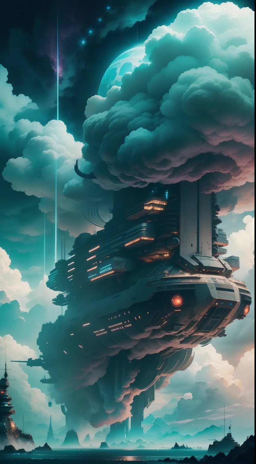 ((Need)), ((tmasterpiece)), (A detailed), The battleship rushed into the clouds,Beautiful fluffy clouds wrapped around the battleship,Alien technology warship,cyber punk perssonage,(sci-fi illustrations:1.3), Mysterious Sky,Endless starry sky, ultra-detailliert,extremely detailed and beautiful, Surrealist art fantasy style,Epic futuristic digital fantasy art style,Moon Night, pastelcolor, (Detailed cloud view:1.3),