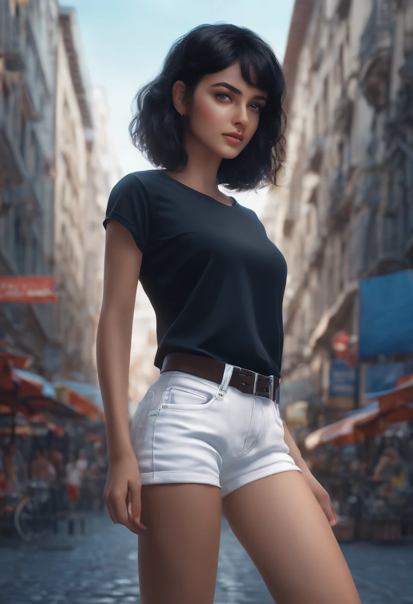 1girl, short black hair, blue eyes, wearing plain white shirt, denim shorts, city, absurdres, high res, ultrasharp, 8K, masterpiece, looking at viewer