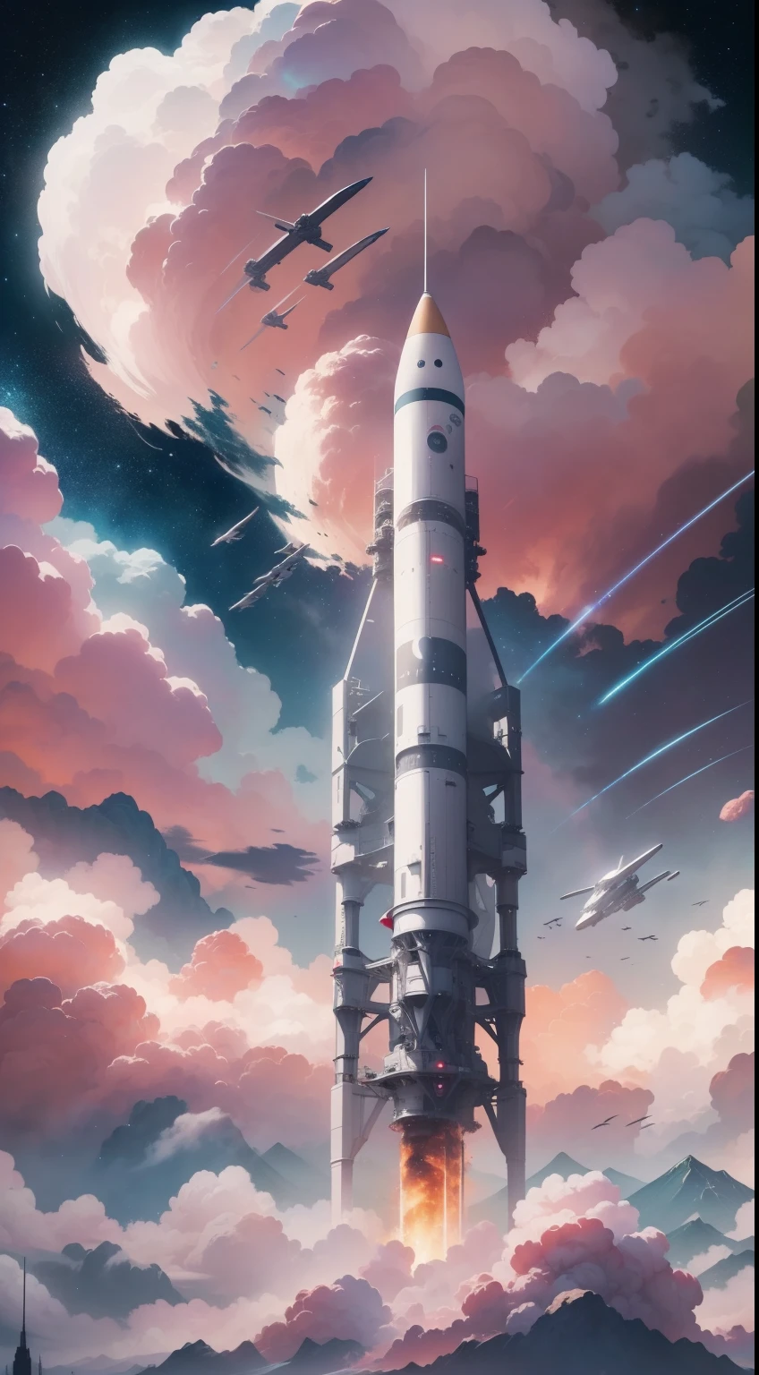 ((Need)), ((tmasterpiece)), (A detailed), The rocket rushed into the clouds，Beautiful fluffy clouds wrap the rocket，Alien technology rockets，(sci-fi illustrations:1.3),  Mysterious Sky,Endless starry sky， ultra-detailliert,extremely detailed and beautiful, Surrealist art fantasy style，Epic futuristic digital fantasy art style，Moon Night, pastelcolor, (Detailed cloud view:1.3),