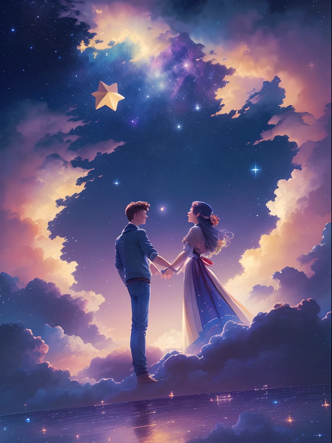 (((masterpiece))),best quality, illustration, sky, cloud, star \(symbol\),1man, 1girl, couple, intimate, lovers, night, moon, star \(sky\), night sky, starry sky, vibrant color scheme, Soft light,(warm color:1.2),Water color painting, light background, best quality exquisite details,3d rendering,Octane render, wide shot