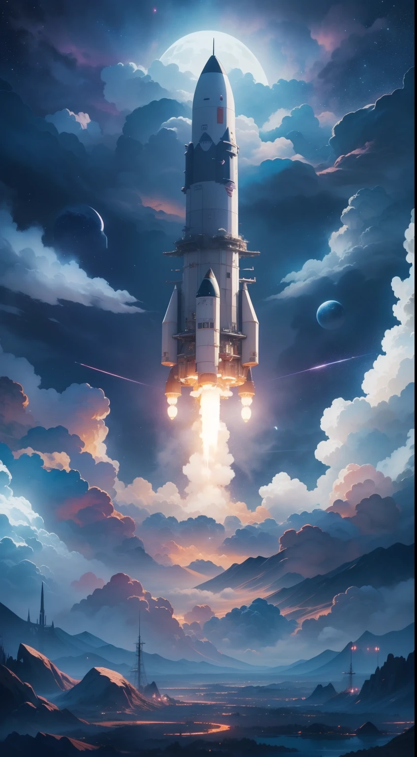 ((Need)), ((tmasterpiece)), (A detailed), The rocket rushed into the clouds，Beautiful fluffy clouds wrap the rocket， (fantasy illustrations:1.3),  Mysterious Sky,Endless starry sky，Photorealsitic，Super realistic，ultra-detailliert,extremely detailed and beautiful, Surrealist art fantasy style，Epic digital fantasy art style，Moon Night, pastelcolor, (Detailed cloud view:1.3),
