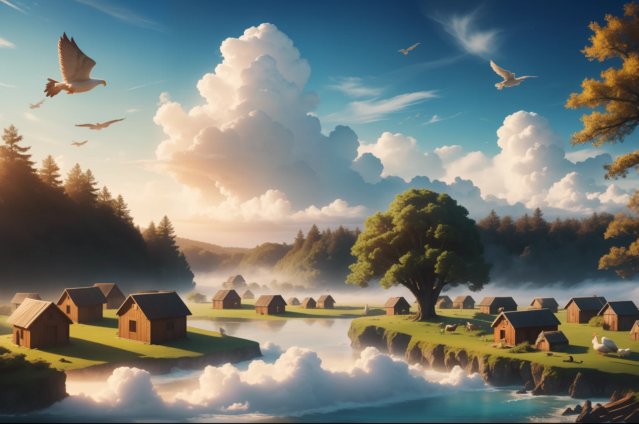Flying island surrounded by clouds, some trees and wood cabins in the island, goats and chickens. Big birds flying in the sky. Illuminated by morning sunlight. Highly detailed, dreamy, whimsical, high resolution.