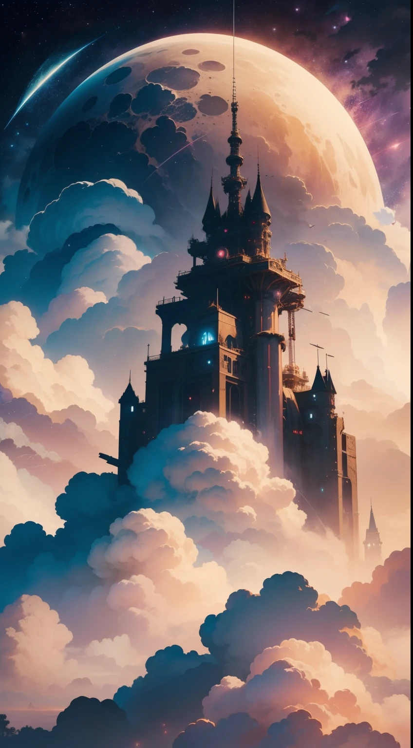 ((Need)), ((tmasterpiece)), (A detailed), The rocket rushed into the clouds，Beautiful fluffy clouds wrap the rocket， (fantasy illustrations:1.3),  Mysterious Sky,Endless starry sky， ultra-detailliert,extremely detailed and beautiful, Surrealist art fantasy style，Epic digital fantasy art style，Moon Night, pastelcolor, (Detailed cloud view:1.3),