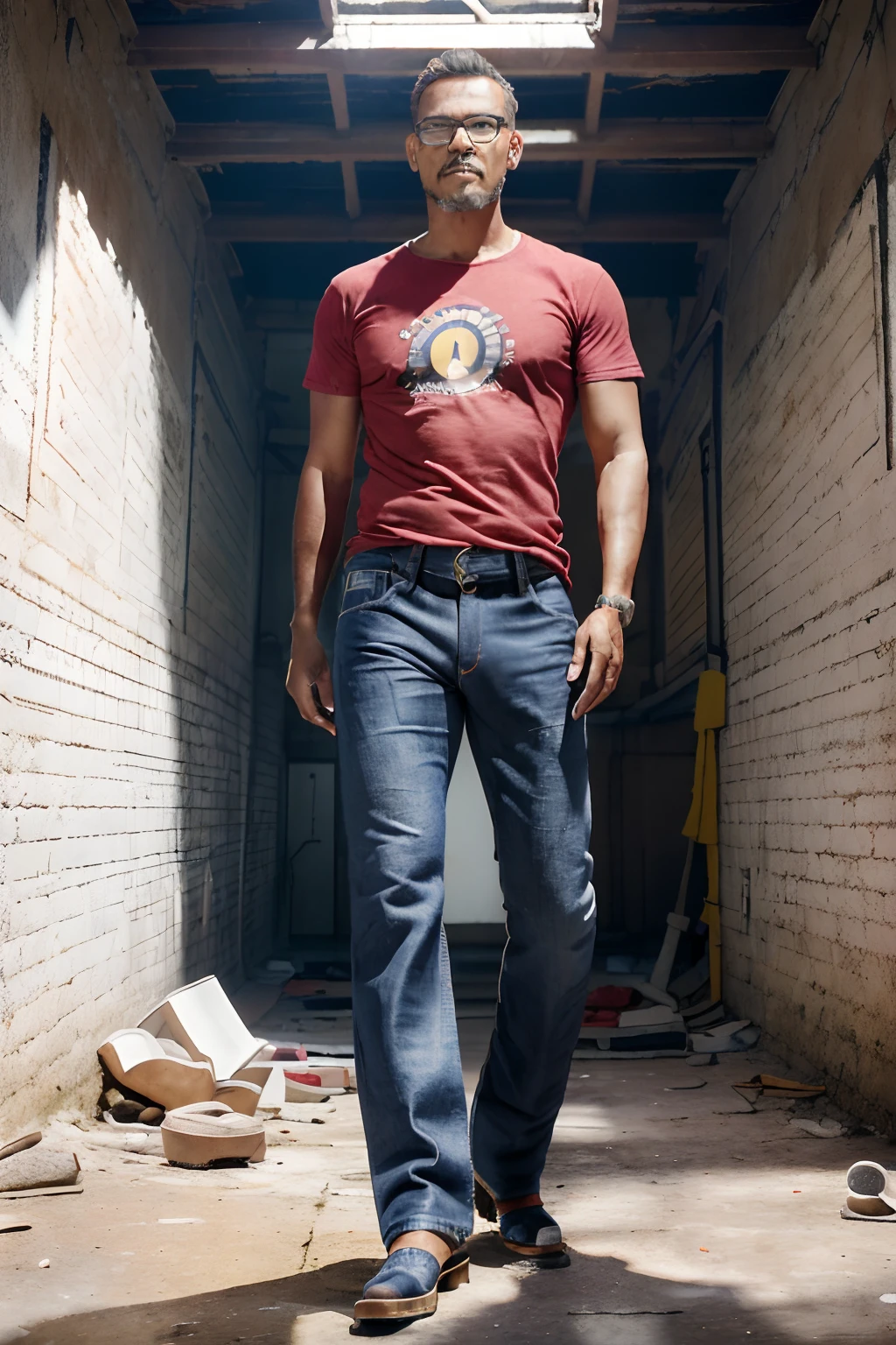 guttoépico2, Professional photograph of a man with glasses, (((vestindo camiseta vermelha, bermuda jeans, bota de trilha))). Standing in an unfinished building. Com chao cheio de licho e escombros. Iluminacao ambiente, octan render, 8k