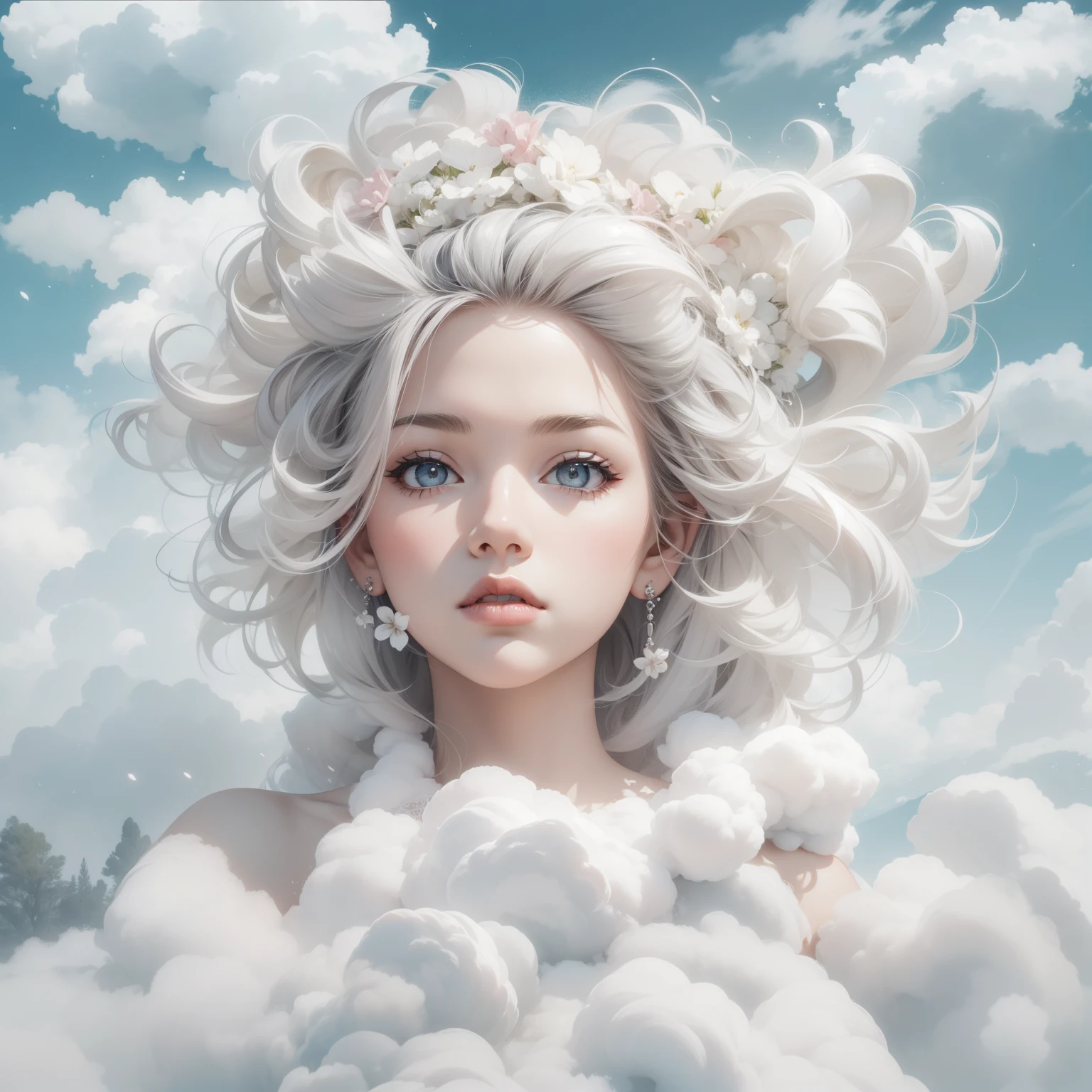 Beautiful fluffy clouds with overlapping head and face for girls，Stylized abstract portrait close-up of beautiful girl，Clouds blend into the hair，Cloud wraps girl，White background，Surrealist art fantasy style，Epic digital fantasy art style，ModelShoot style,