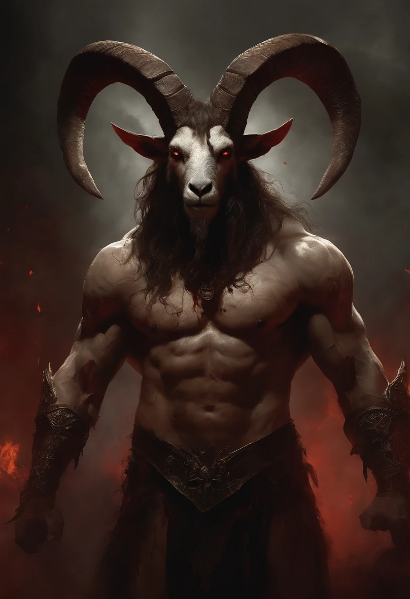 a goat-headed demon with large horns, strong and strong upper body, demon skins, skins, ((claws, wings)), demonic armor, blood splatters, skulls on the ground, standing in a blood ritual, medieval, dark room, dim light, masterpiece, realistic, oil painting, god-like, evil, ominous