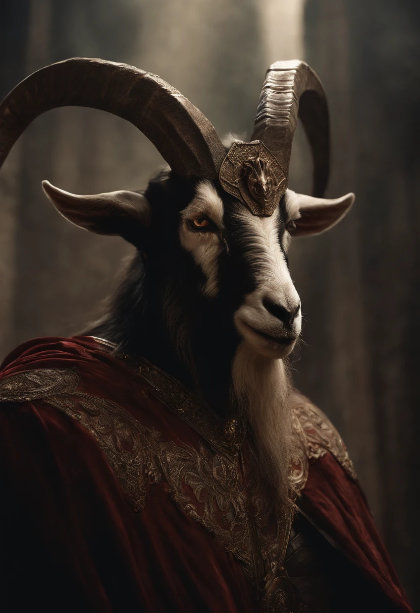 a goat-headed demon with large horns, strong and strong upper body, demon skins, skins, ((claws, wings)), demonic armor, blood splatters, skulls on the ground, standing in a blood ritual, medieval, dark room, dim light, masterpiece, realistic, oil painting, god-like, evil, ominous