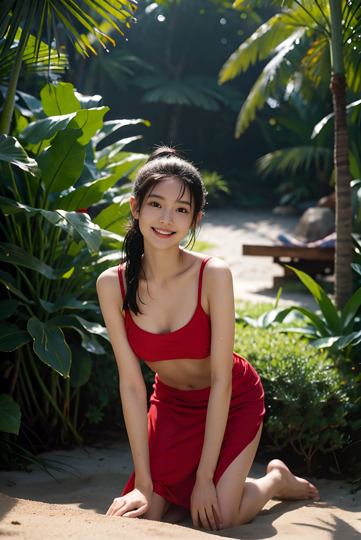 A girl, kneeling on the beach ground sand, ((full body visible)), red summer dress, sun shining on her
She is a beautiful, pretty, adorable, cute, young, teen.
She is slim, slender, petite, skinny, (flat chest), (tiny boobs), (beautiful medium breasts).
She is sweating, wet, soaked. Clothes transparent, sweat on skin, wet hair.
She is grinning, smiling. She looks natural, relaxed, unpretentious.
She stares, looking at viewer.
She has a black ponytail.
Camera focused on her face, light on face, very large aperture, ((f/1.2)), shallow depth-of-field, strong background lens blur,  ISO 3000, auto white balance, 
Extremely detailed, professional lighting, soft light, raw photo, fashion model for uniqlo,
best quality, masterpiece, award-winning photography, huge filesize, 8k, highres,
shot on Sony DSLR. Happy smile, in bed, jungle, botanical garden, beach