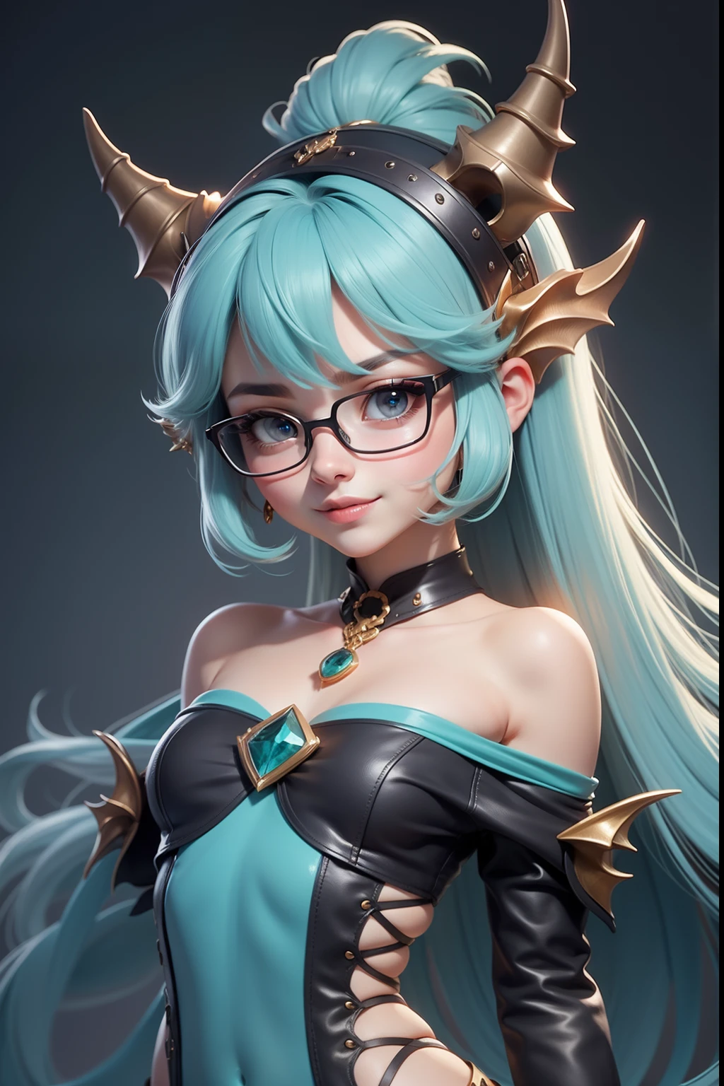 1 cute dragon race. girl (18yo) glasses, dark eyes, upper body, slim waist, natural small breast, sexy pose, seductive expression, bangs, random hairstyle, cleavage, navel, collar, collarbone, off shoulder, seductive smile, wear intricately detail hot and sexy outfit, dragon costume, aqua color, wear unique helmet, random light color, upper body. flat gray color for background