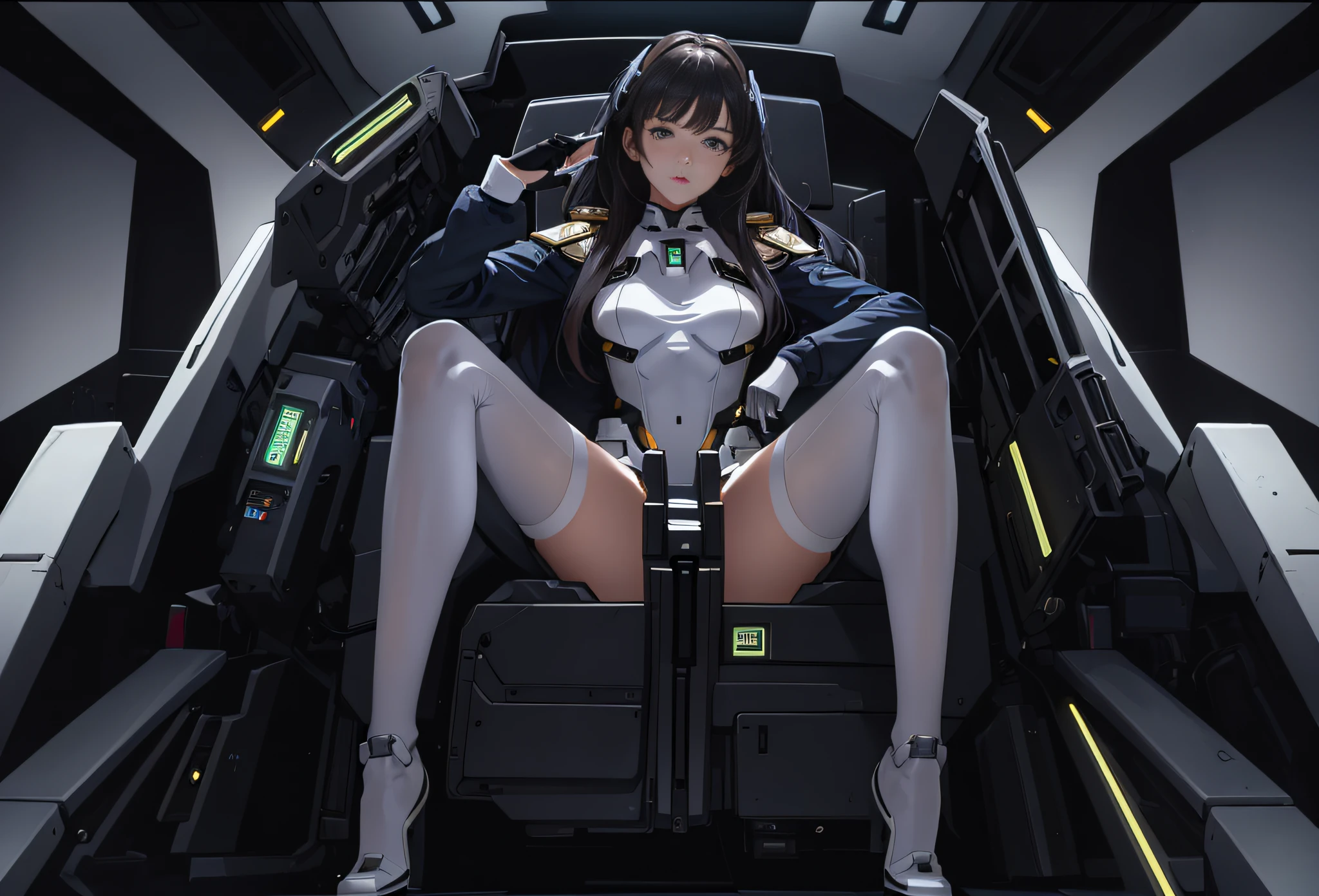 (((only one person))), (((only one face))), inside the cockpit, precision equipment, a beautiful woman in a Gundam pilot suit sitting in the cockpit, movie scene, 8K quality, (((whole body))), (masterpiece), realistic, young and cute one anime woman, beautiful face, sunshine, cinematic light, one beautiful woman, beautiful dark eyes, milk beige medium hair , perfect anatomy, so cute, princess eyes, (black eyes), intermediate image, style, bioluminescence, life-size 8 sizes, 8k resolution, human hand, strange perfection, elegant, near-perfect, dynamic, Highly detailed character sheets, concept art, smooth placement, stunningly beautiful 20s girls, detailed hairstyles, (((Determination-filled dignified eyes))), (((A lot of instruments emitting a faint light in front of the girl)))