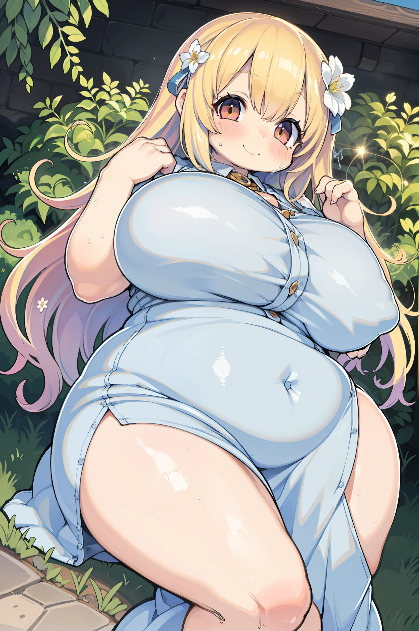 Flower Garden, Luxurious, Bright, glinting、Summer light、huge-breasted、bbw、Showers、From the top、Overhead view、Hands up、huge smile、chubby、Big buttocks、Maxi dress、Pull composition、Front button