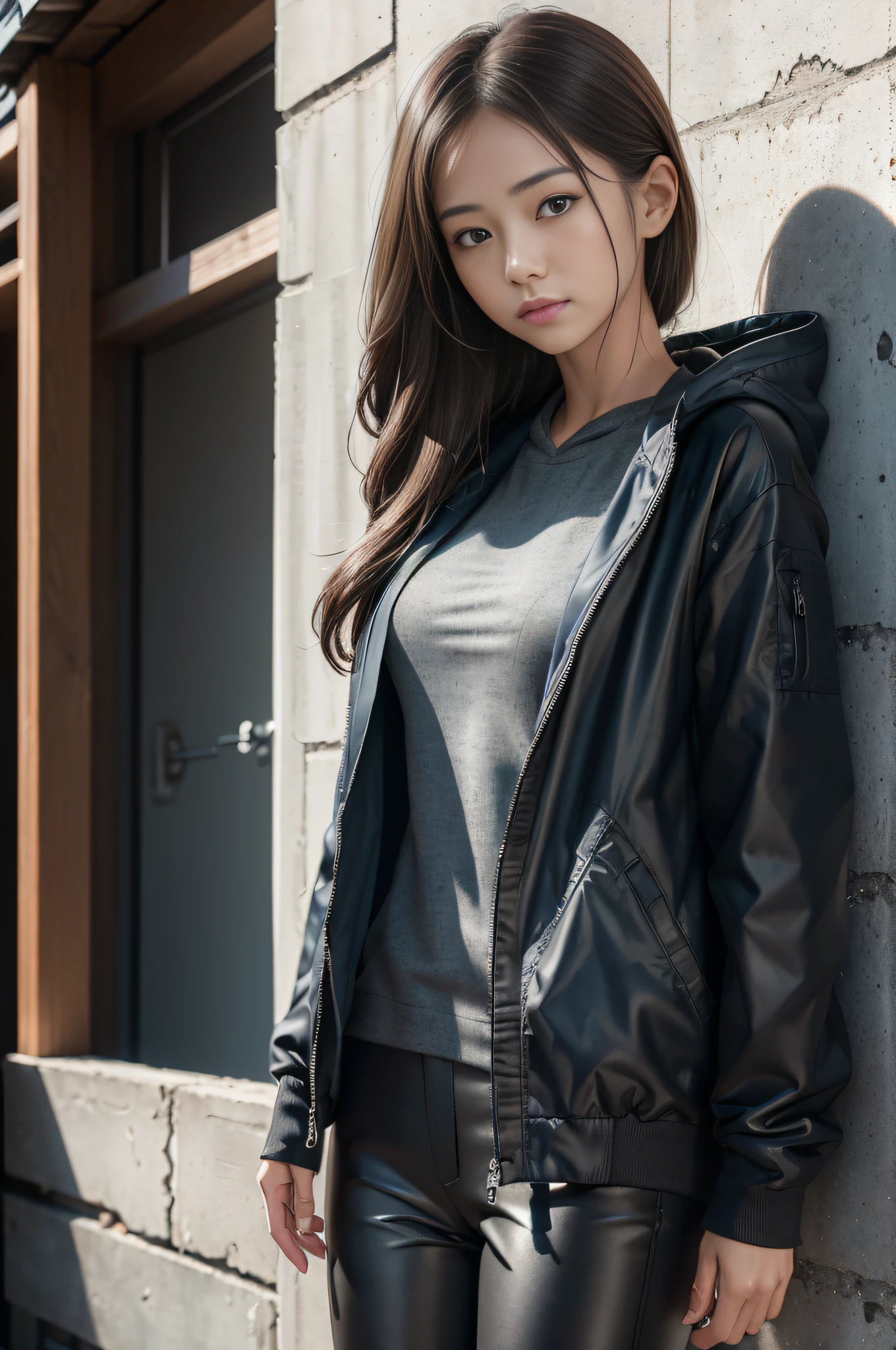 (Masterpiece:1.3), (8K, Photorealistic, Raw photography, Best Quality:1.4), (1girl), Beautiful face, Realistic face, (Detailed face), Beautiful hairstyle, (Detailed hair), Realistic eyes, (Detailed eyes), Beautiful details, Realistic skin, (Detailed skin), Beautiful skin, Attractive, Ultra high definition, A hyper-realistic, Very detailed, (medium breasts:0.5), Japanese beauty, (slim figure), (arafed man in a blue jacket and black pants standing in front of a gray wall, techwear, 2 techwear women, u. h. d, basic, photograph of a techwear woman, by Tadashi Nakayama, woo kim, technical suit, future techwear, hooded, y3, y 3, f / 2 0, techwear clothes), cute young Japanese girl, pretty young Japanese girl, (dark gray gradation background)
