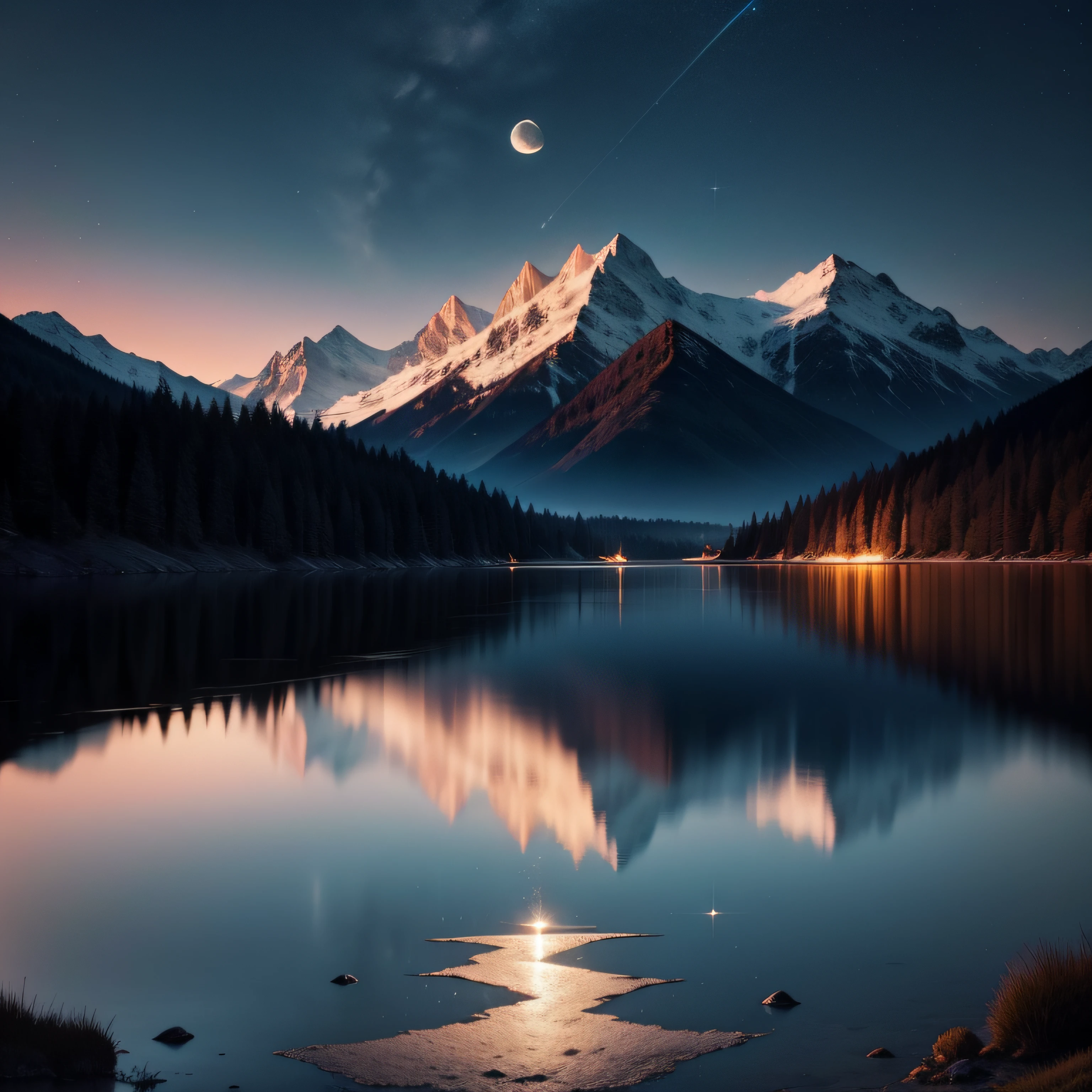 Dazzling moon casting a radiant glow on peaceful mountains and sparkling lakes. darkeness.