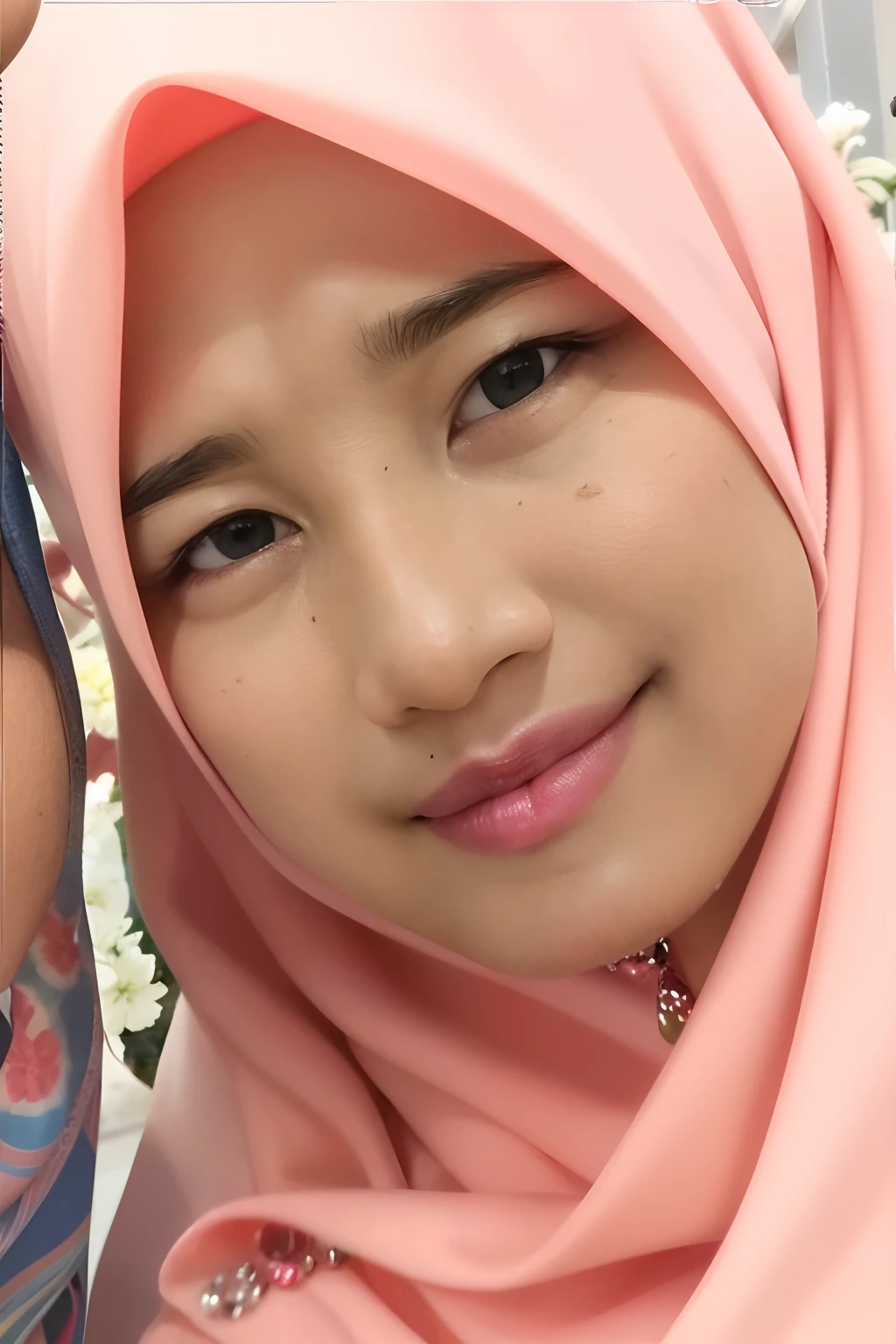 there is a mature 30 years old Malay woman wearing a pink hijab, close up potrait, faridah malik, close up face, inspired by Nazmi Ziya Guran, potrait, protrait, close - up face, beuatiful face, inspired by Naza, with a beautifull smile, hijab, beutiful face, closeup face, slight smile expression,