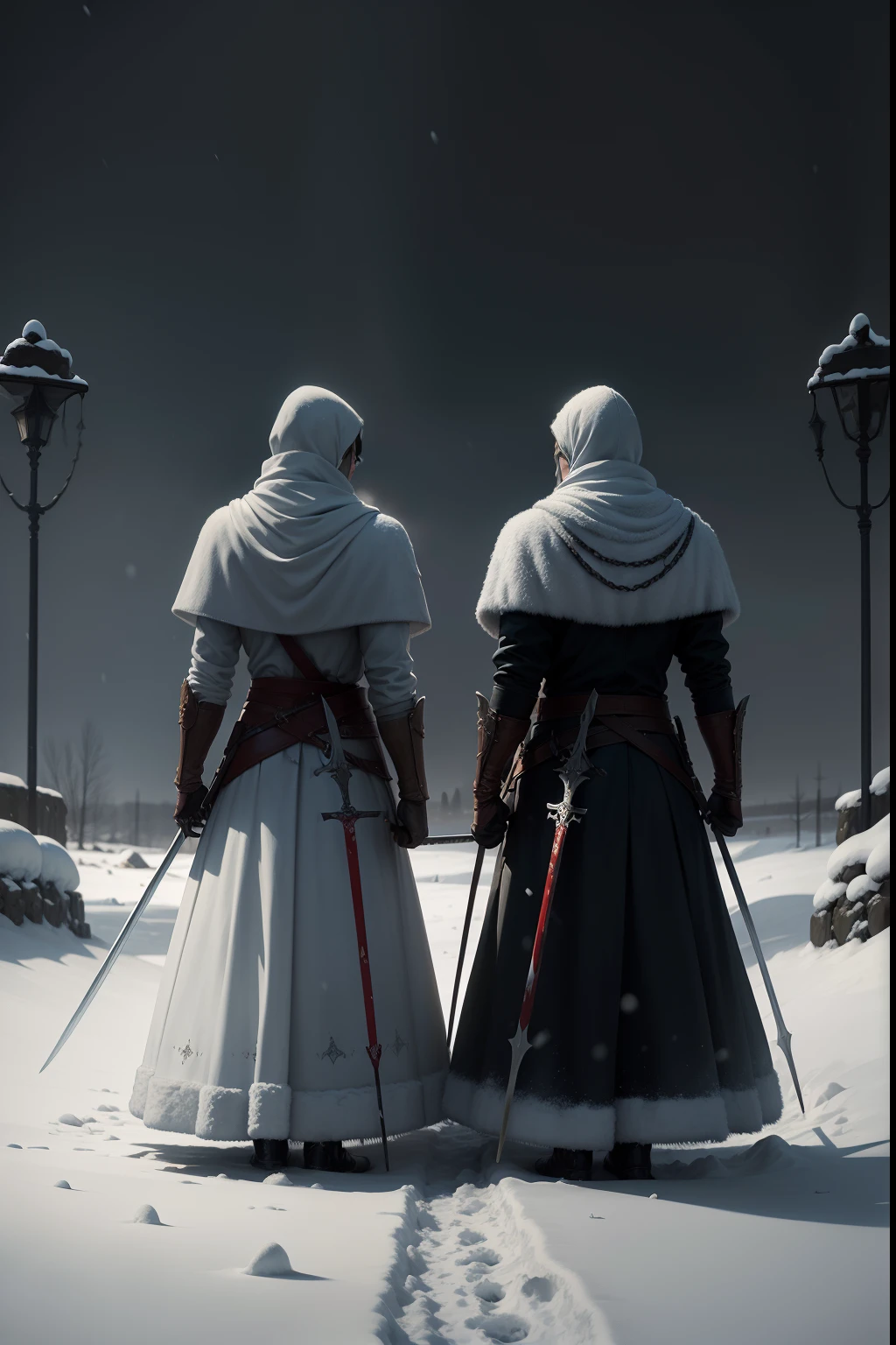 A painting of a two swords laying in the snow, winter, eerie night time light, dark sky.