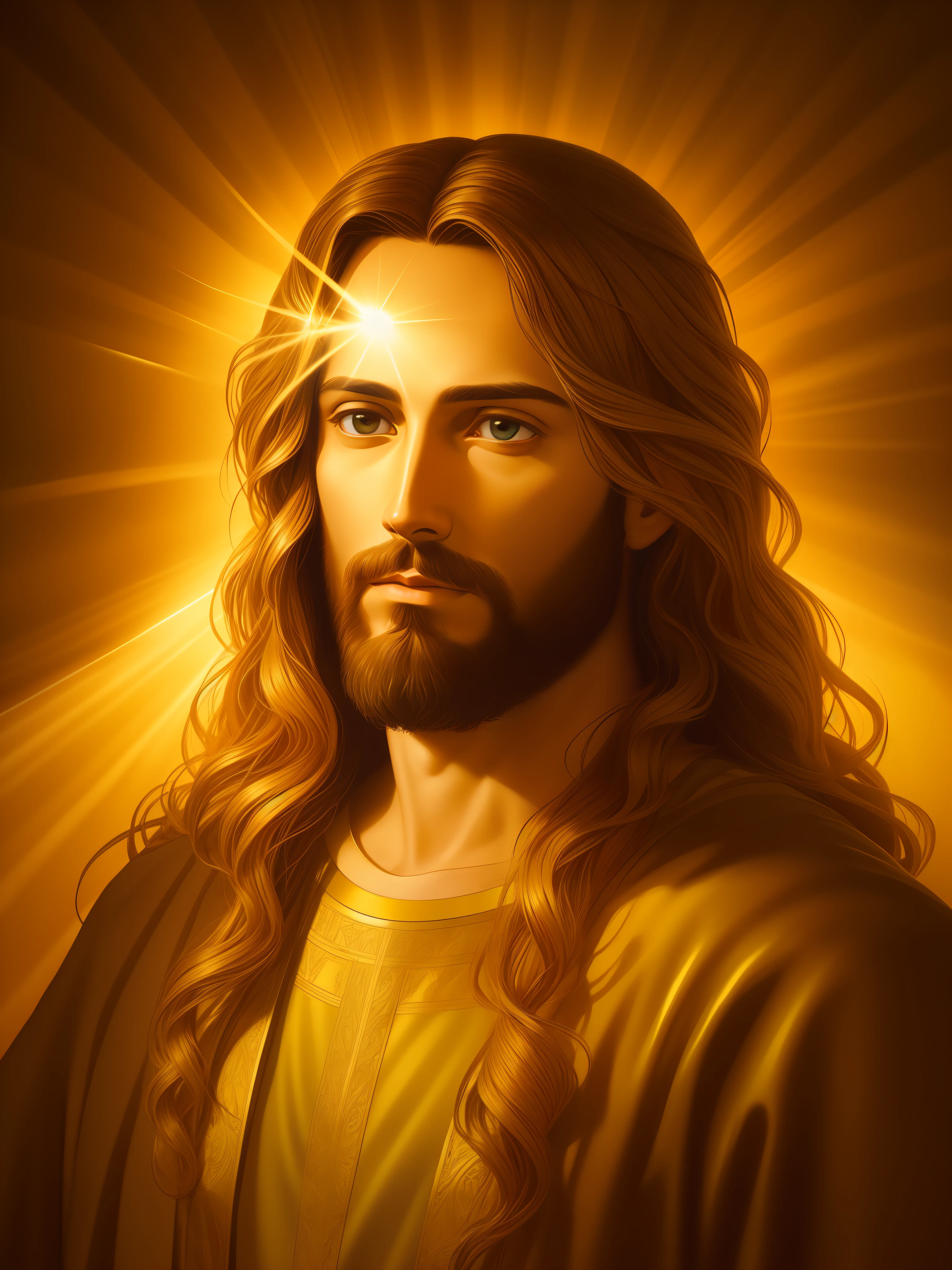 Highly detailed portrait of Jesus Christ, gold, divine rays, detailed and intricate environment