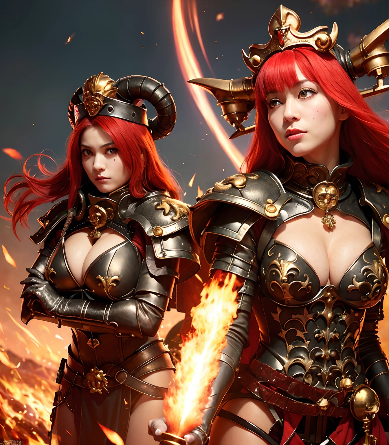 Professional , ​masterpiece、top-quality、photos realistic , depth of fields （Dragon Black Metal Body:1.９),(Matte Black、（cleavage of the breast）、（Fight dragons）、（Seductive look）、Particles of light、Dragon Gold Weapon、（bikini-armor),Gorgeous gold weapons ,（（ Dragon's dense and gorgeous sword）） , Beautiful knife   ,warhammer 40k , adepta sororitas,Detail and gorgeous crown、（（Red hair））、（Castle background）、The dragon、（（Gangle's forest background））、Beautiful Caucasian beauty、（１a person）、dynamic ungle,(((Detailed and ornate dragon helmet)))、Smaller head、Strange smile、Castle background、Thin and beautiful female hands、cleavage of the breast、Soldier in iron armor on background、Mystical expression、Light Effects、intense fighting、Wind-effect、magic circles、With the legendary magic wand、（demonic wings）、