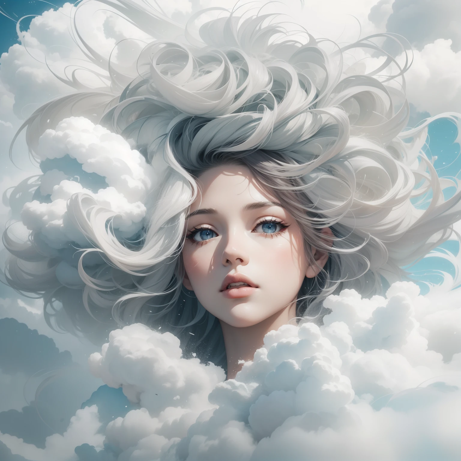 Beautiful fluffy clouds with overlapping head and face for girls,Stylized abstract portrait close-up of beautiful girl,Clouds blend into the hair,Cloud wraps girl,White background,Surrealist art fantasy style,Epic digital fantasy art style,ModelShoot style,