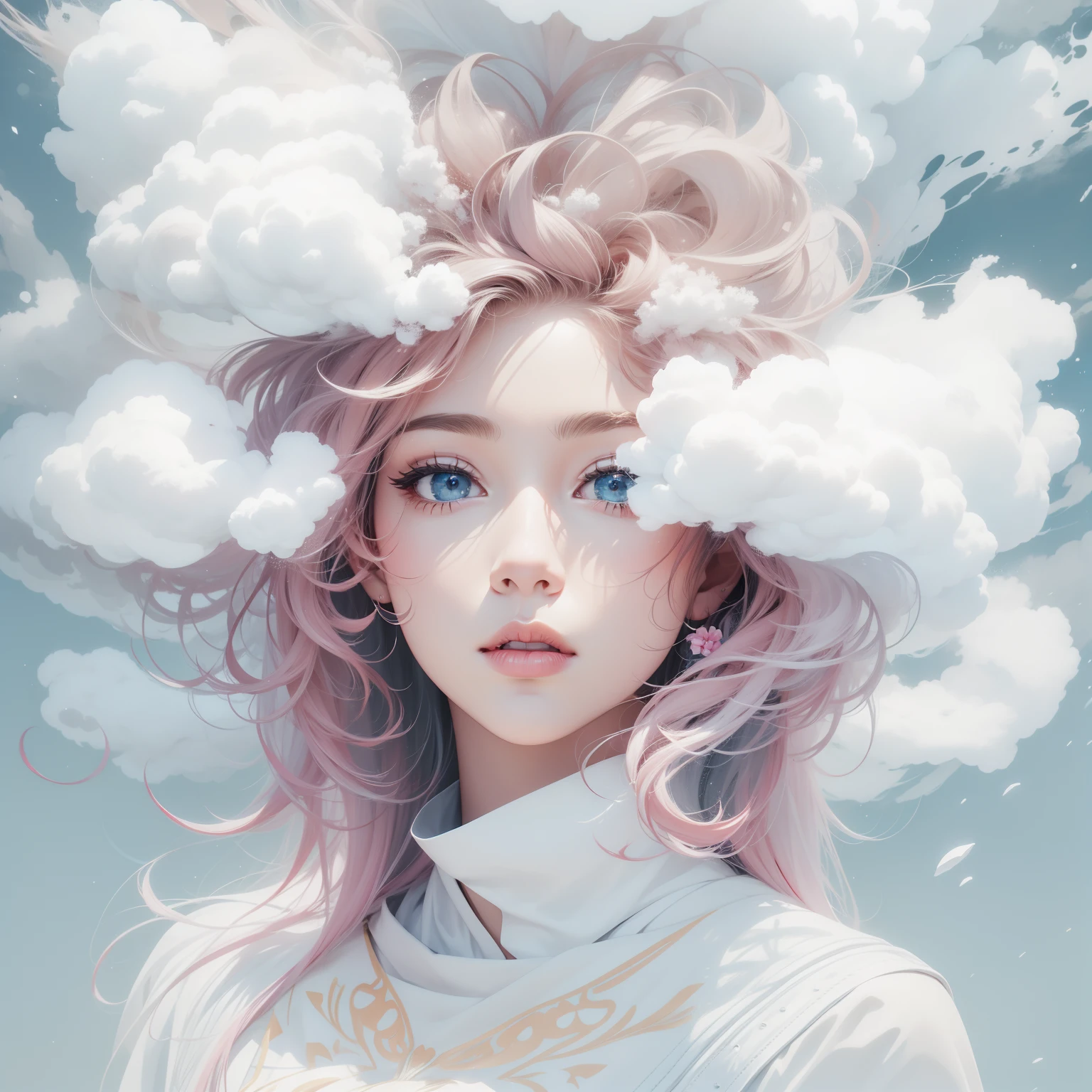 Beautiful fluffy clouds with overlapping head and face for girls,Stylized abstract portrait close-up of beautiful girl,Clouds blend into the hair,Cloud wraps girl,White background,Surrealist art fantasy style,Epic digital fantasy art style,ModelShoot style,