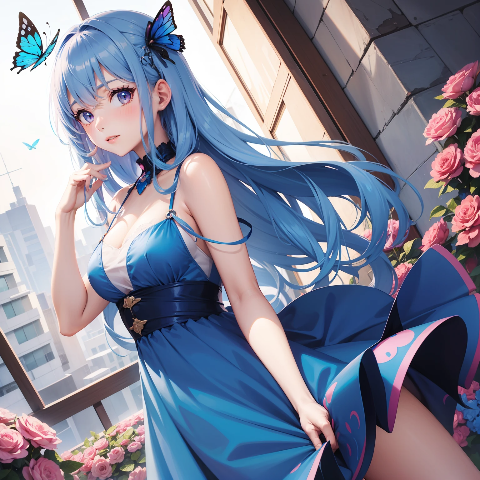 a women, blue butterfly, blue hair, pink eyes, pink dress
